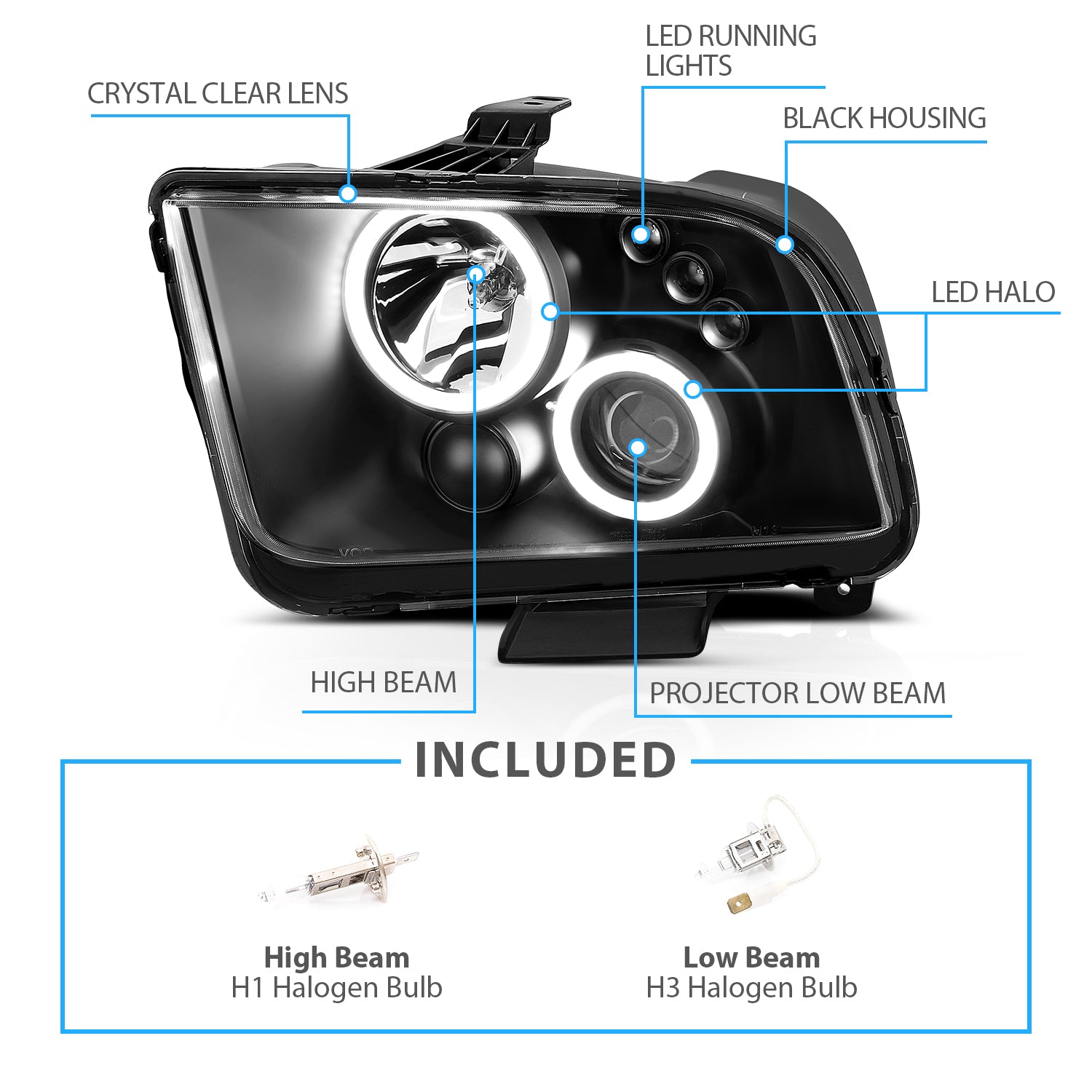 FORD MUSTANG 05-09 PROJECTOR HEADLIGHTS HALO BLACK CLEAR (RX HALO)