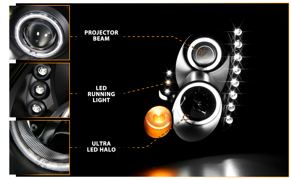 INFINITI G35 03-07 2DR HEADLIGHTS BLACK PROJECTOR CLEAR HALO (OEM HID COMPATIBLE) (RX HALO)