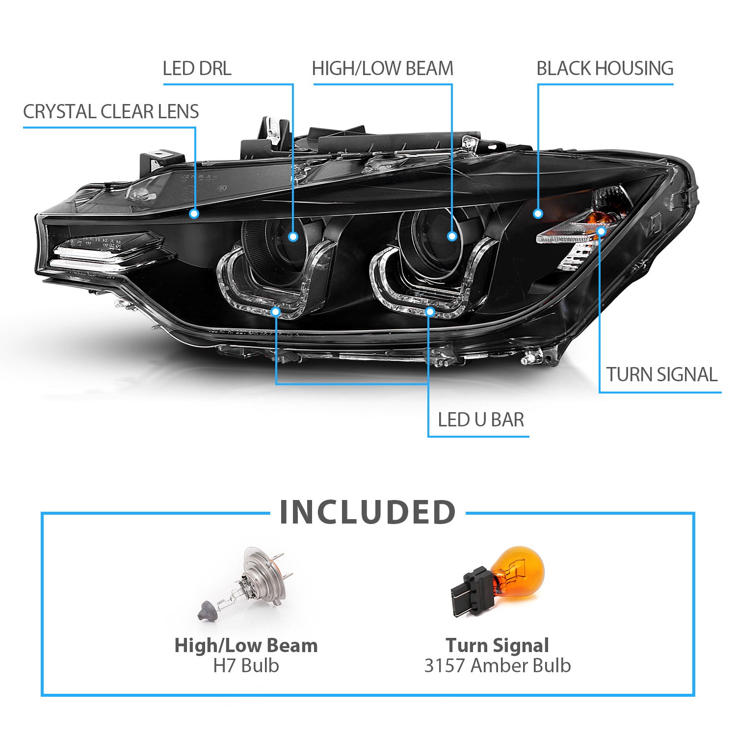 BMW 3 SERIES F30 12-14 4DR PROJECTOR U-BAR STYLE HEADLIGHTS HALO BLACK CLEAR (ONLY FITS W/O MOTOR VERSION)