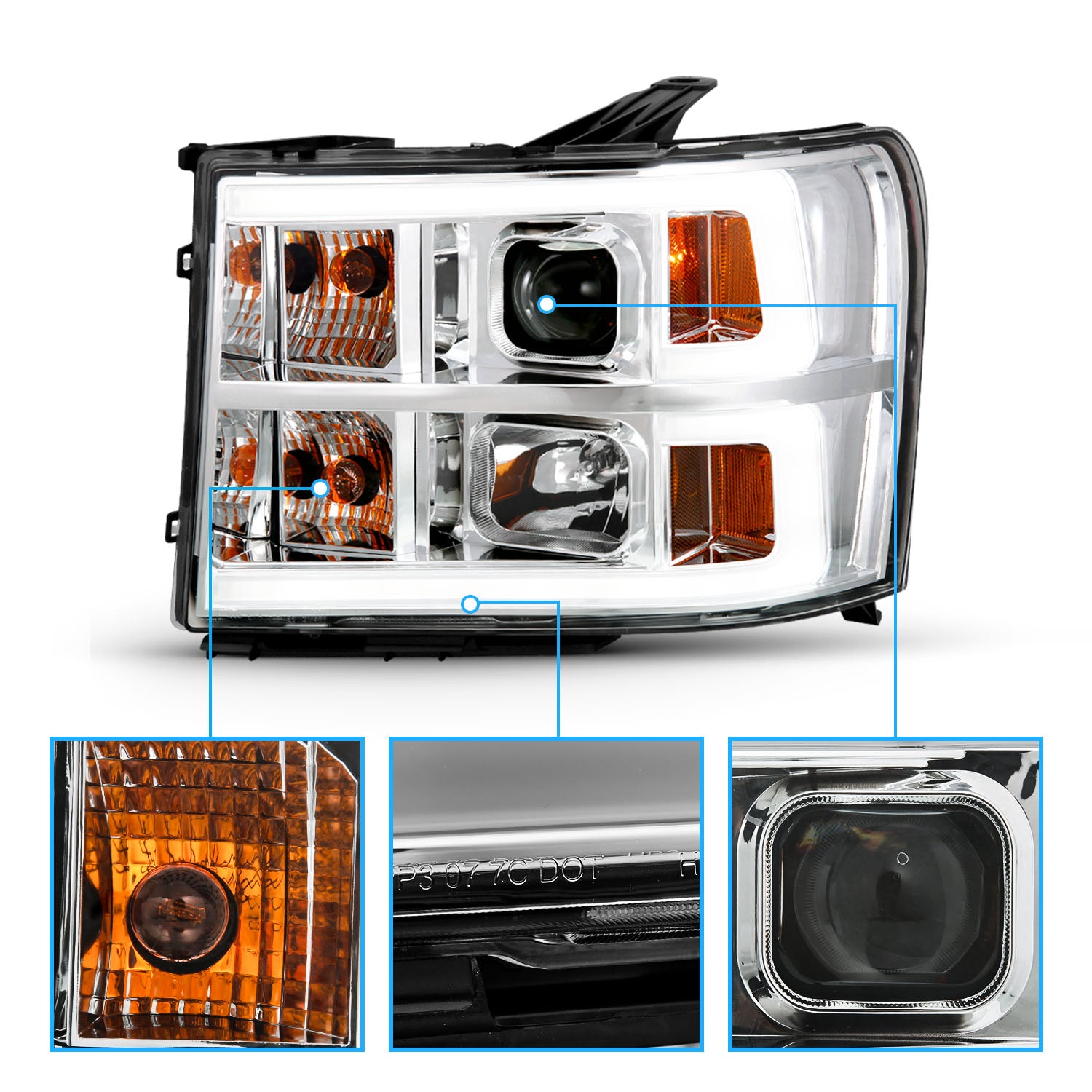 GMC SIERRA 07-10/1500 HYBRID 09-10 PROJECTOR LIGHT BAR STYLE HEADLIGHTS CHROME CLEAR AMBER