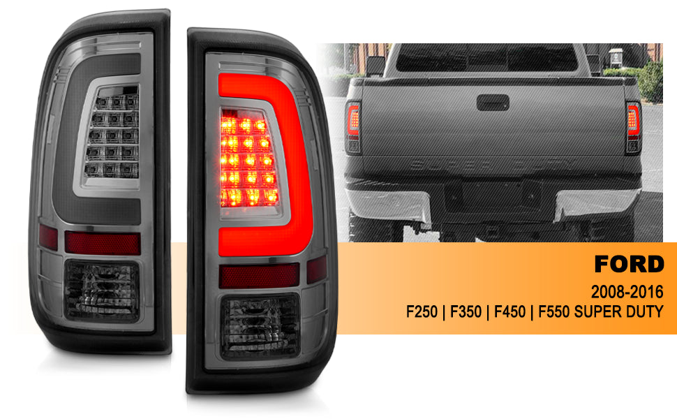 FORD F-250/SUPER DUTY 08-16 LED TAIL LIGHTS CHROME HOUSING SMOKE LENS W/ C LIGHTS BAR