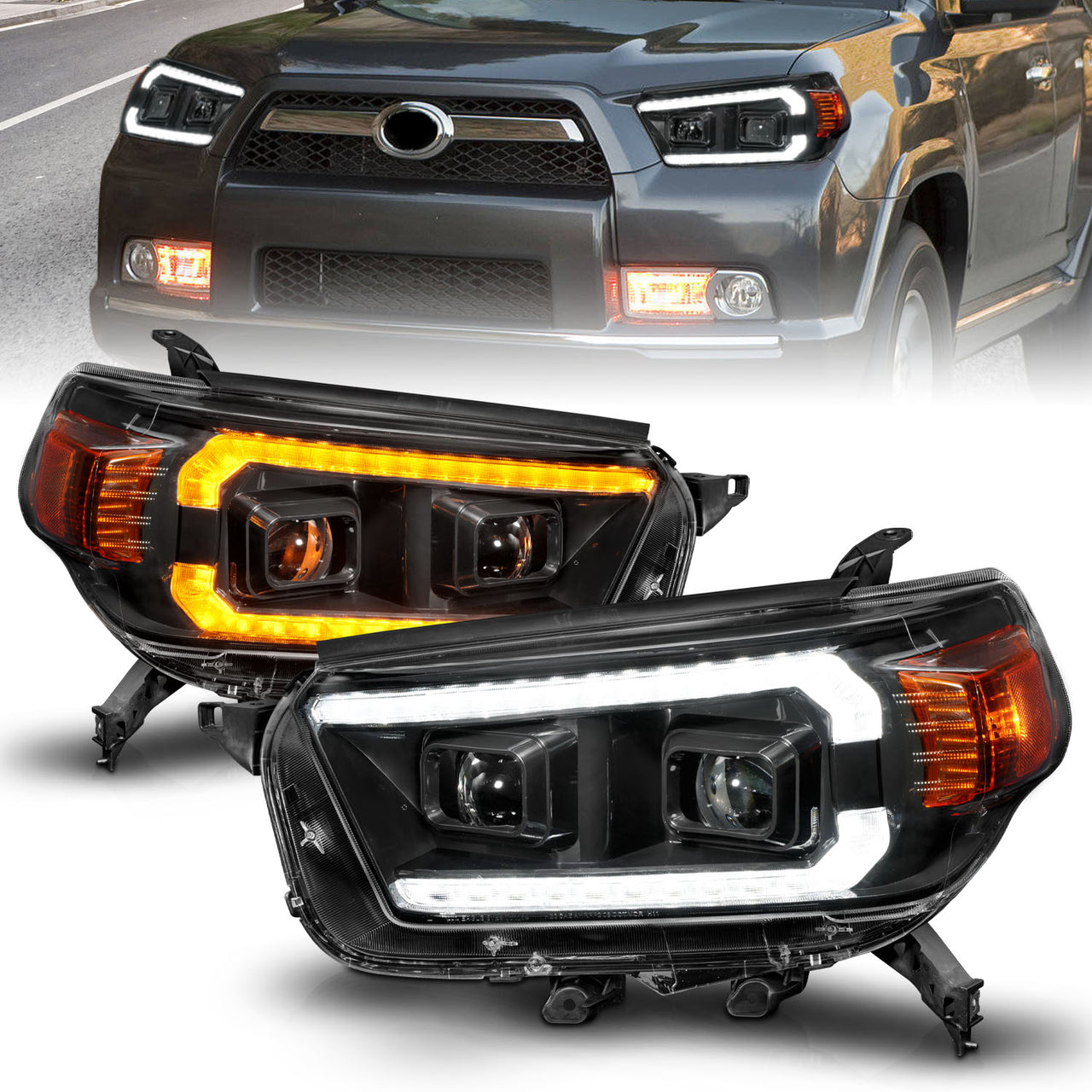 TOYOTA 4 RUNNER 10-13 HEAD LIGHTS BLACK HOUSING CLEAR LENS SEQUENTIAL LIGHT BAR W/DRL