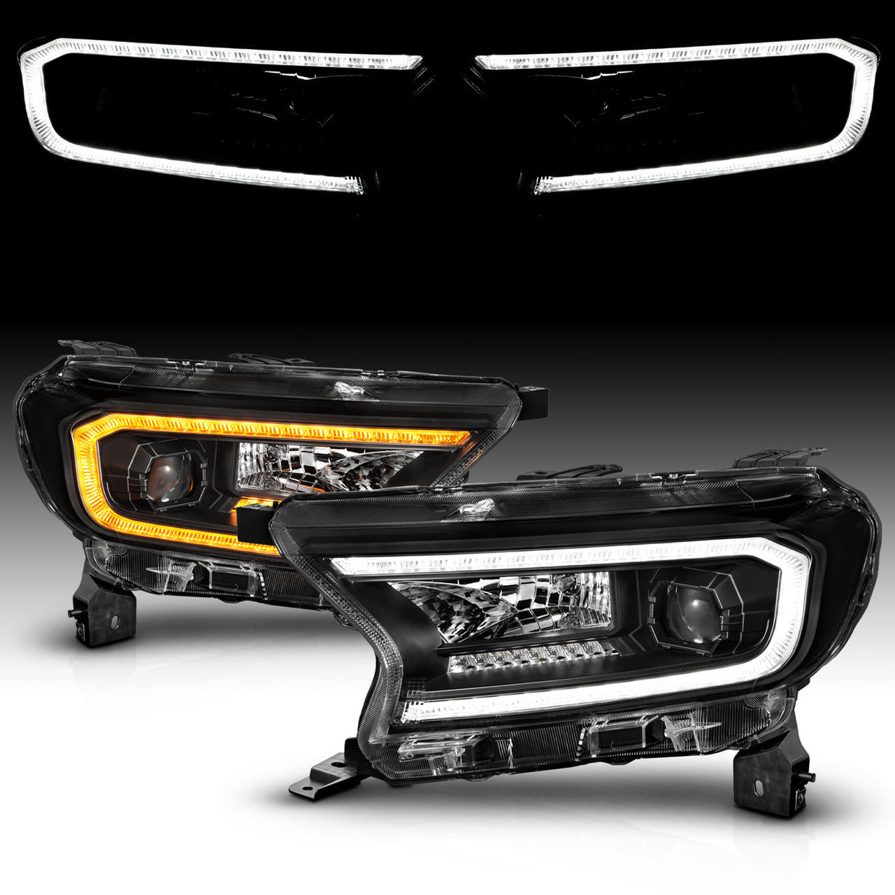 FORD RANGER 19-23 PROJECTOR HEADLIGHTS BLACK HOUSING CLEAR LENS SEQUENTIAL LIGHT BAR W/DRL