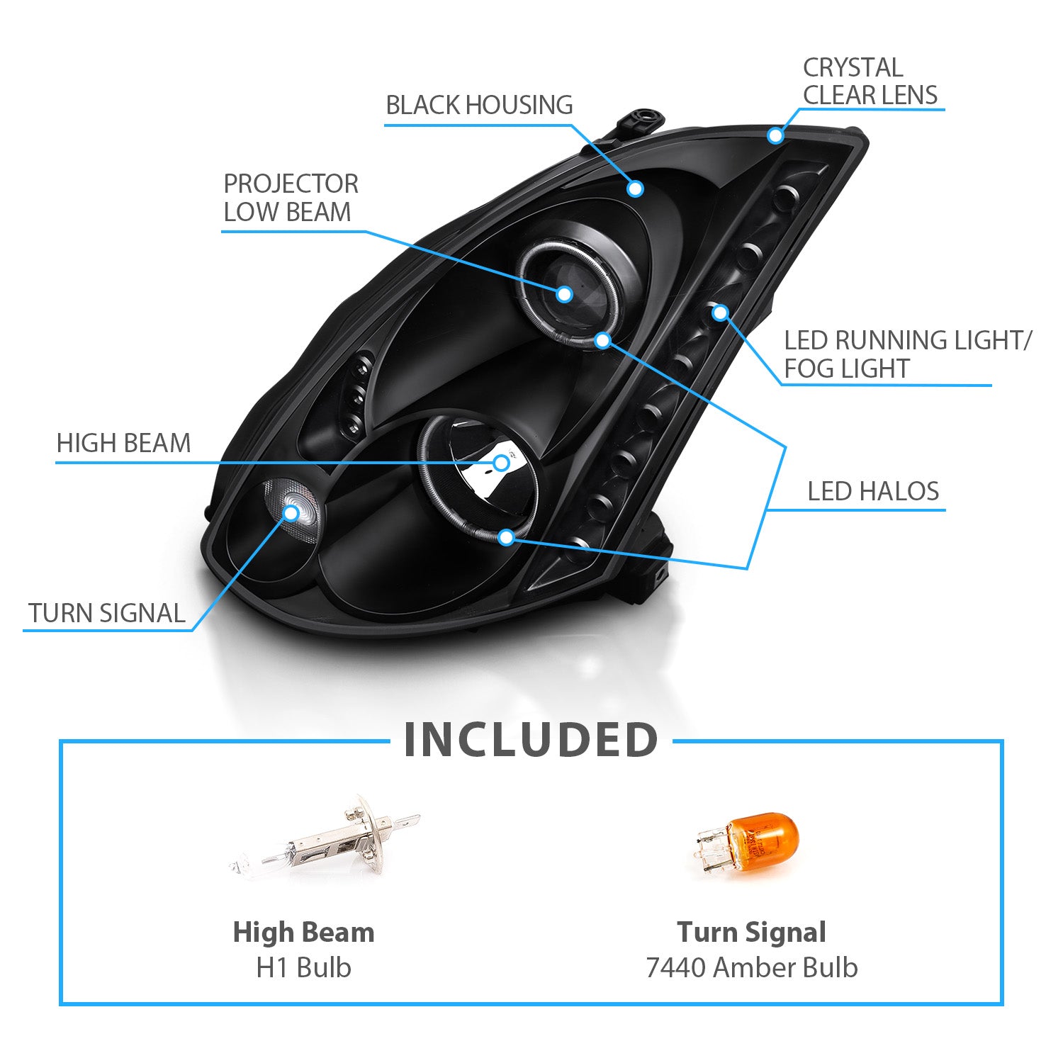 INFINITI G35 03-07 2DR HEADLIGHTS BLACK PROJECTOR CLEAR HALO (OEM HID COMPATIBLE) (RX HALO)