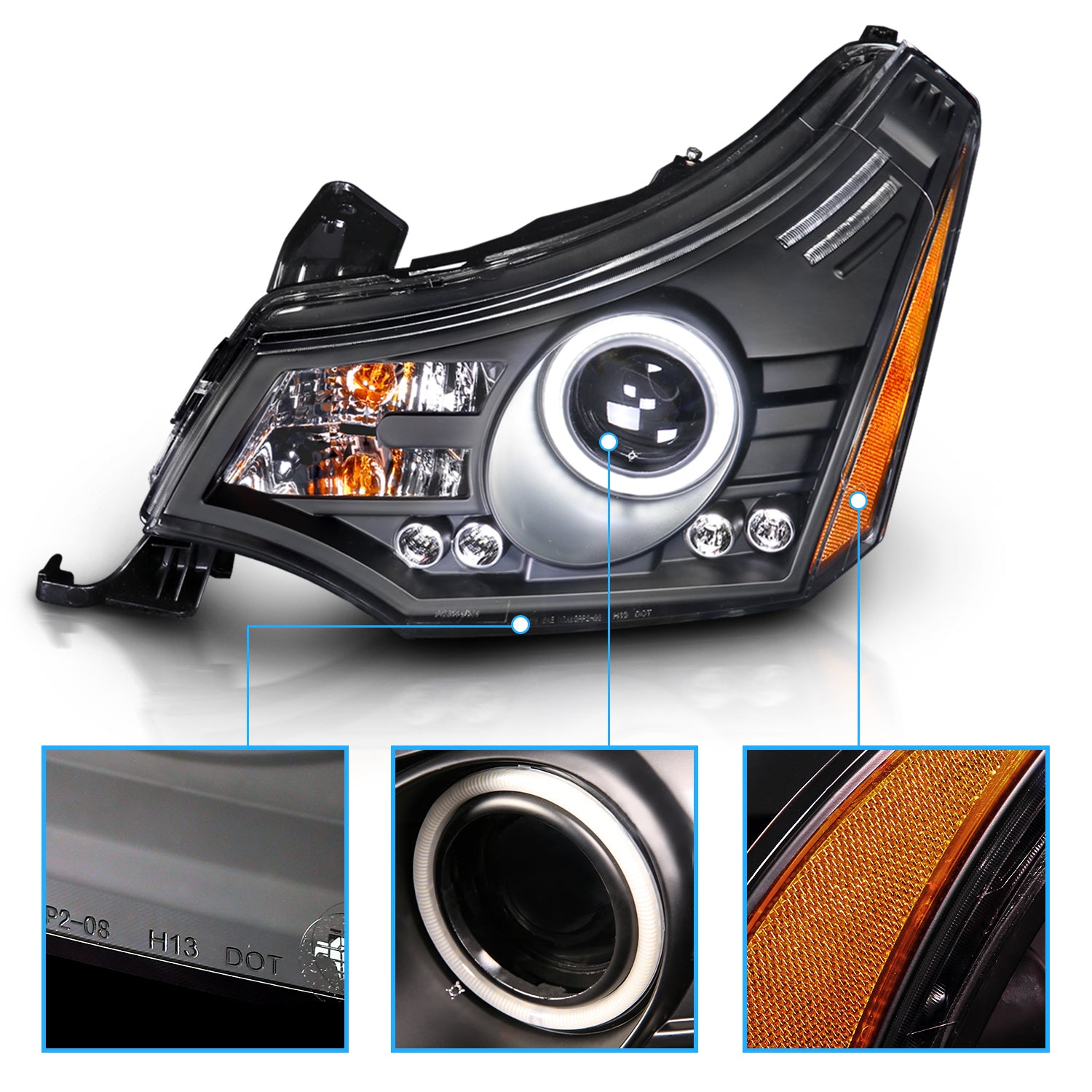 FORD FOCUS 08-11 PROJECTOR HEADLIGHTS BLACK CLEAR (RX HALO)