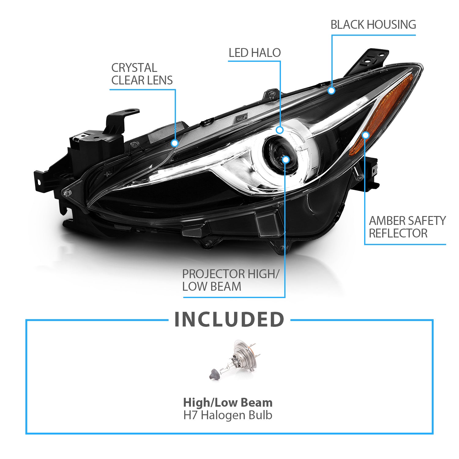 MAZDA 3 14-15 4DR PROJECTOR HEADLIGHTS WHITE PLUS LED HALO BLACK AMBER