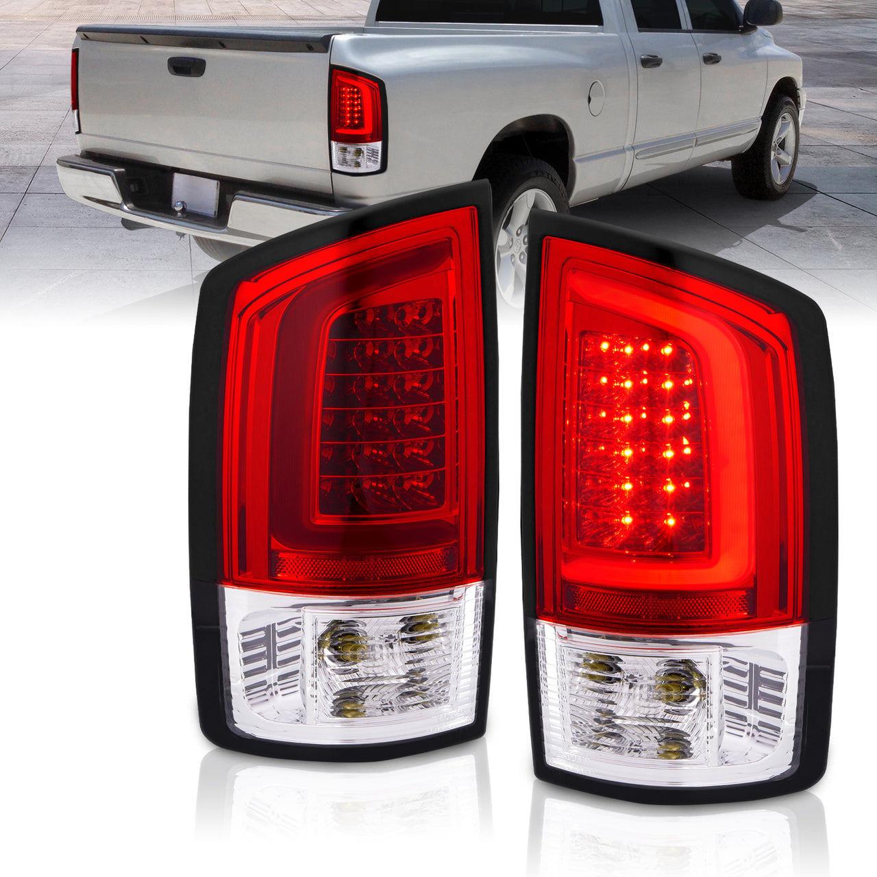 DODGE RAM 1500 02-05 / 2500/3500 02-06 LED TAIL LIGHTS RED/CLEAR LENS W/ C LIGHT BAR