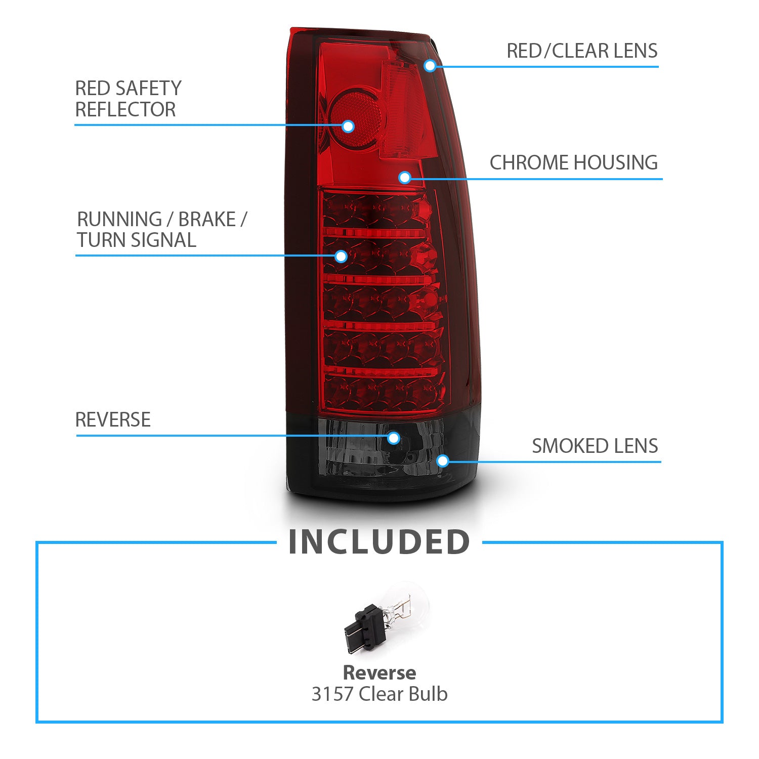 Chevy/GMC C/K 1500/2500/3500 88-99, SUBURBAN/YUKON 92-00, TAHOE 94-00, BLAZER 92-94, CADILLAC ESCALADE 99-00 LED TAIL LIGHTS CHROME HOUSING RED/SMOKE LENS