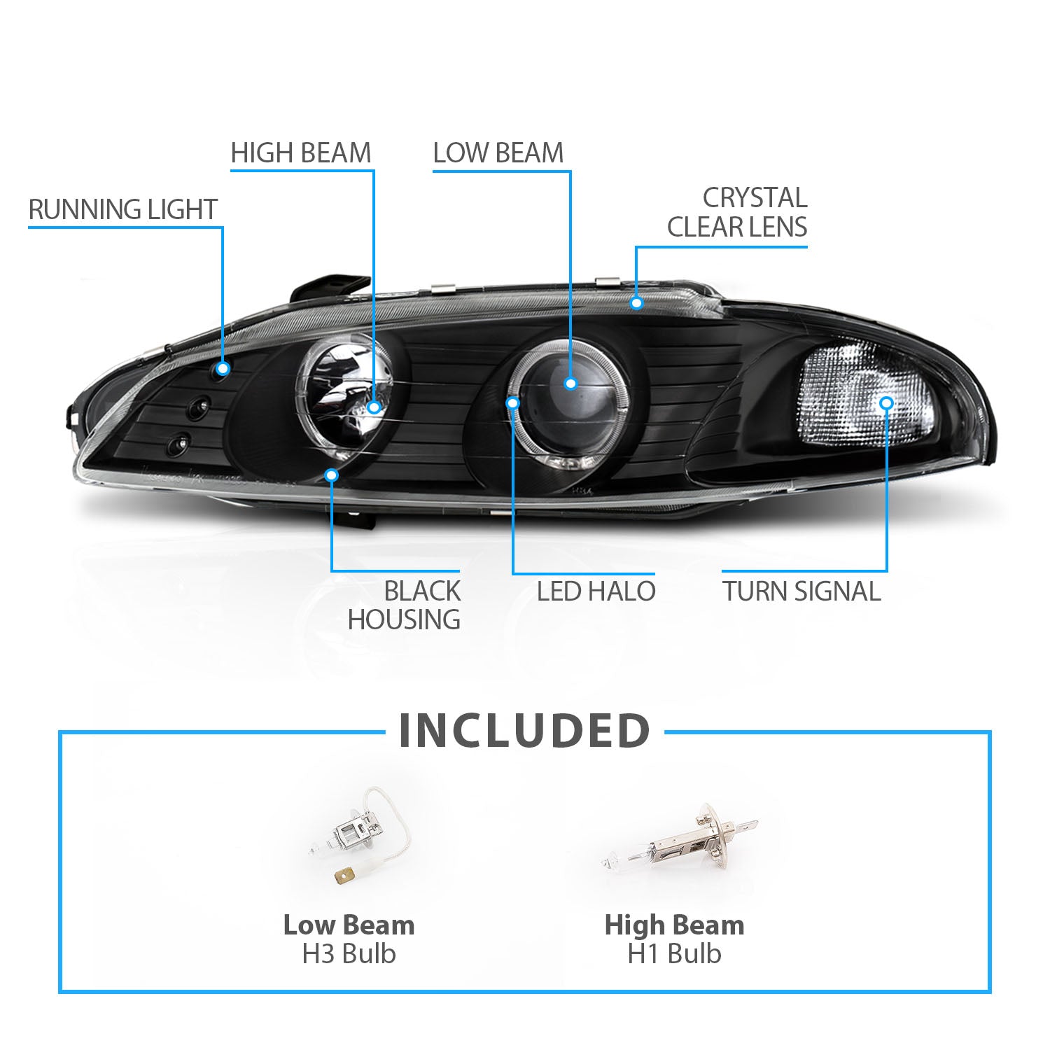 MITSUBISHI ECLIPSE 97-99 PROJECTOR HEADLIGHTS G2 2 HALO BLACK CLEAR