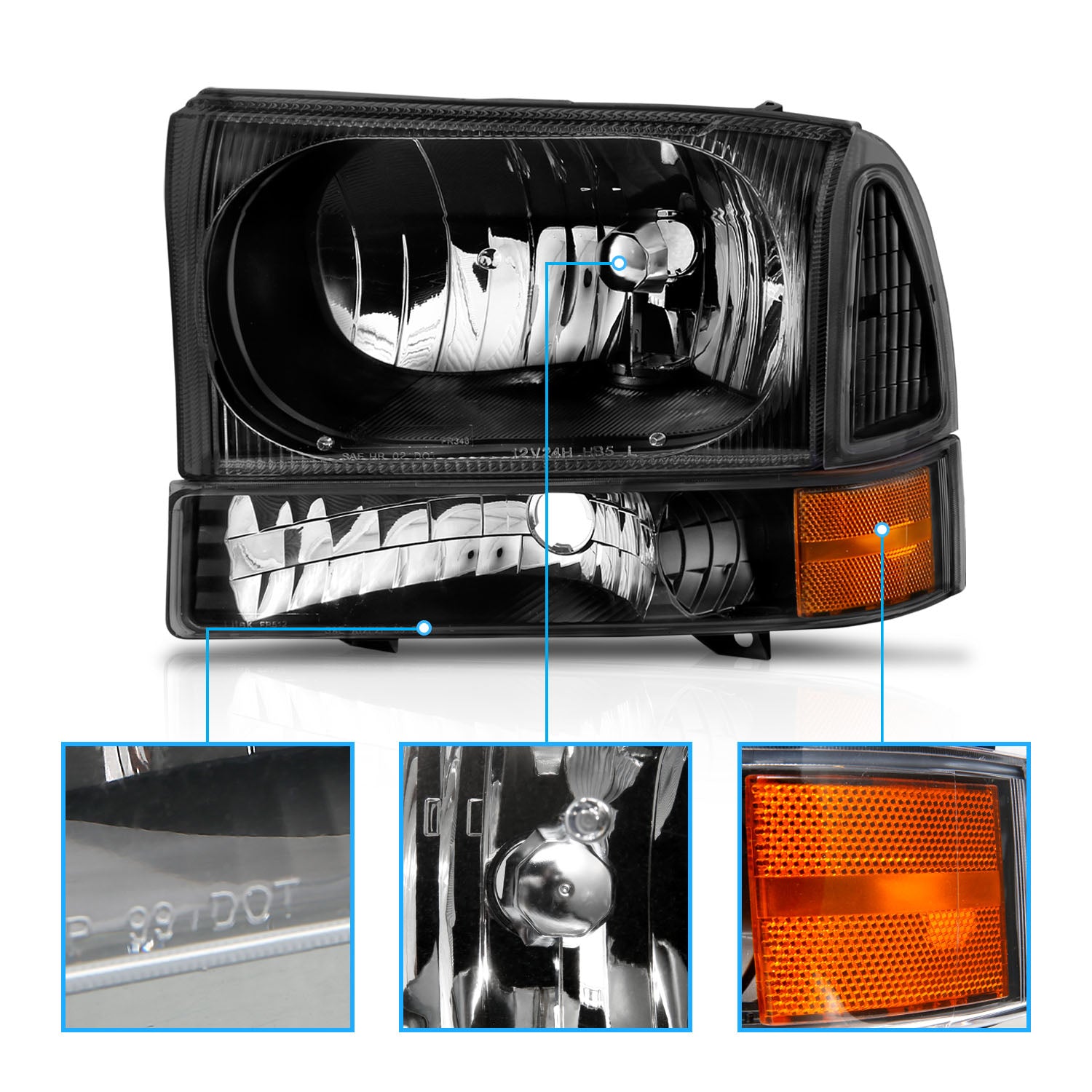 FORD EXCURSION 00-04/SUPER DUTY 99-04 HEADLIGHTS W/ CORNER LIGHTS BLACK AMBER (W/O BULB)