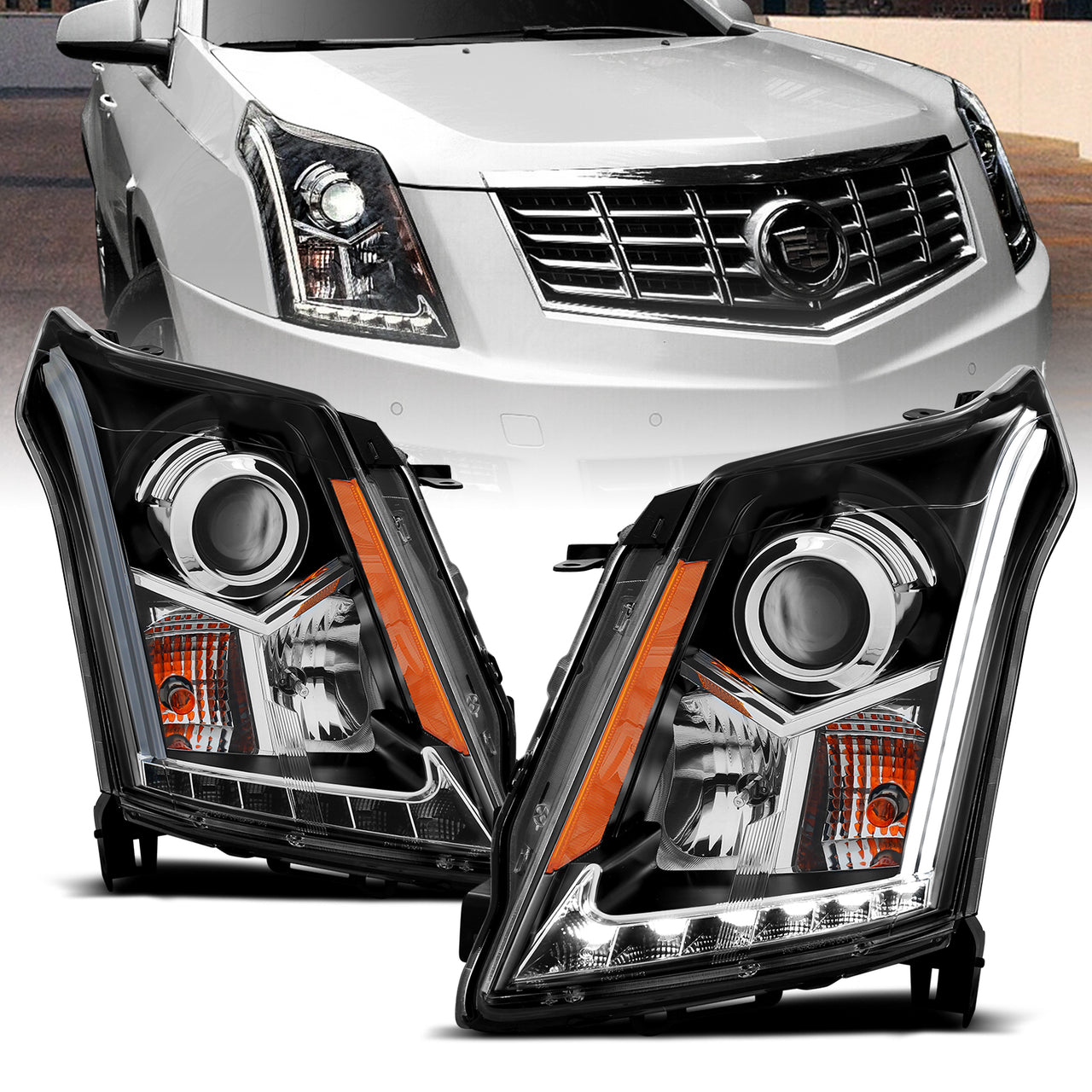 CADILLAC SRX 10-12 PROJECTOR LIGHT BAR STYLE HEADLIGHTS BLACK CLEAR AMBER