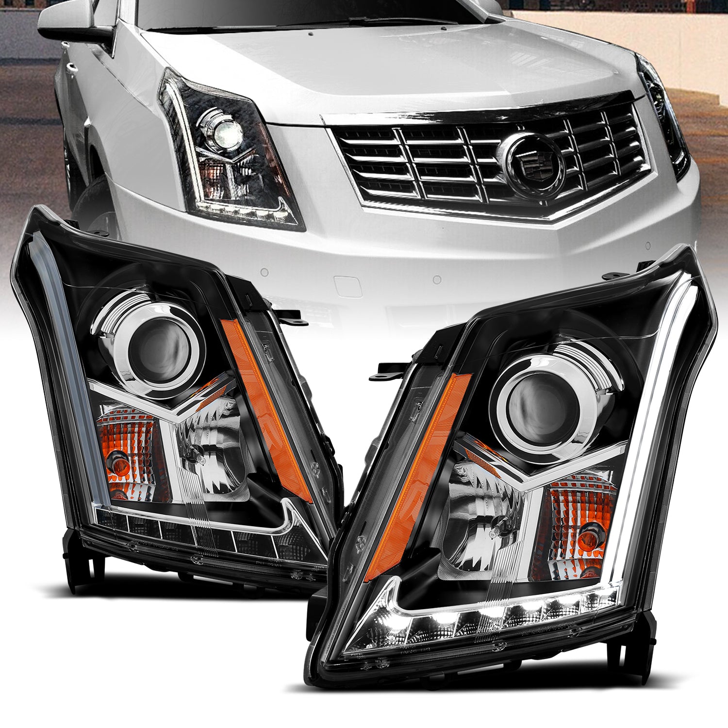 CADILLAC SRX 10-12 PROJECTOR LIGHT BAR STYLE HEADLIGHTS BLACK CLEAR AMBER