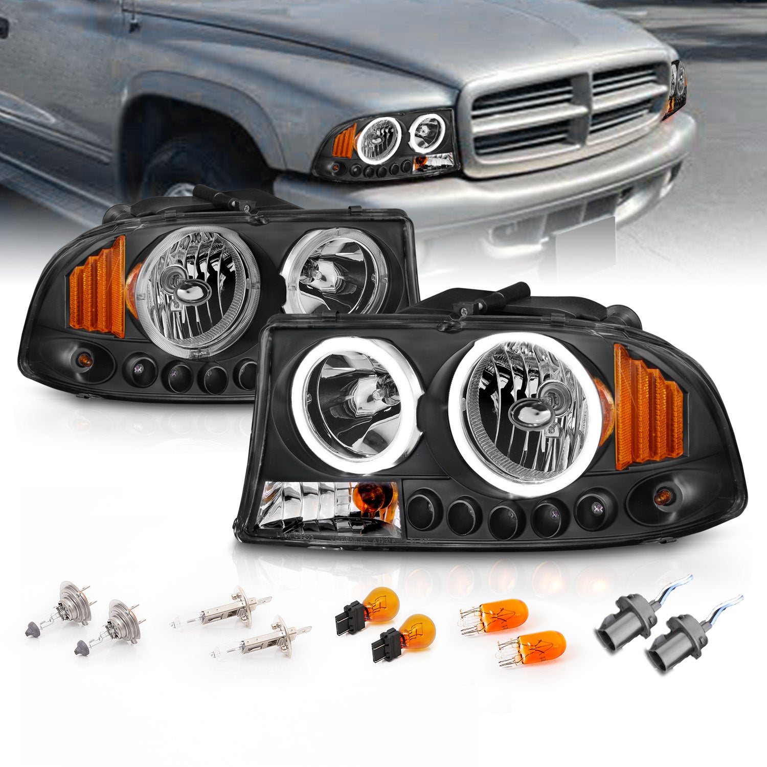 DODGE DAKOTA/DURANGO 97-04/98-03 1PC HEADLIGHTS HALO BLACK W/ AMBER