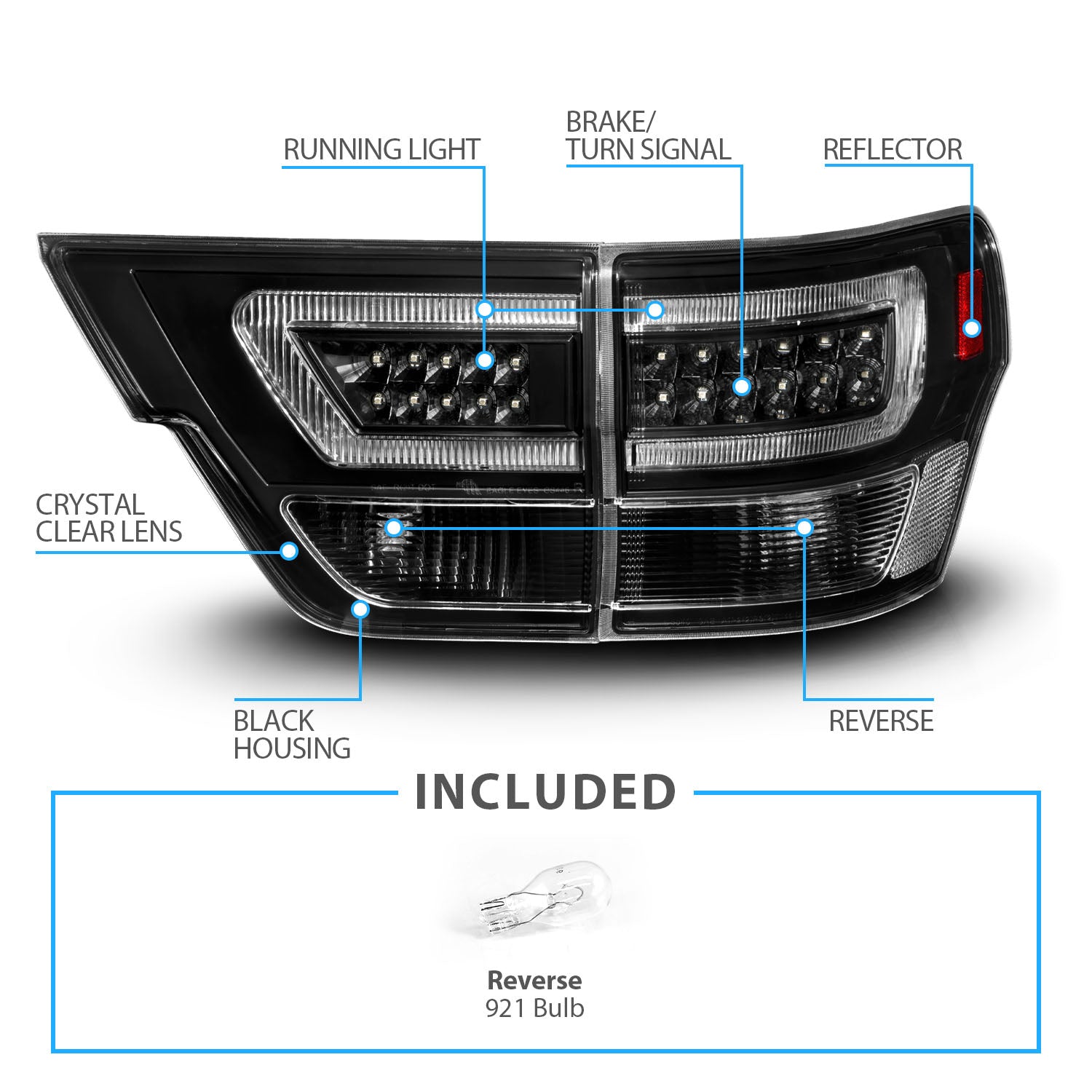JEEP GRAND CHEROKEE 11-13 LED TAIL LIGHTS 4PCS BLACK HOUSING CLEAR LENS W/ C LIGHT BAR