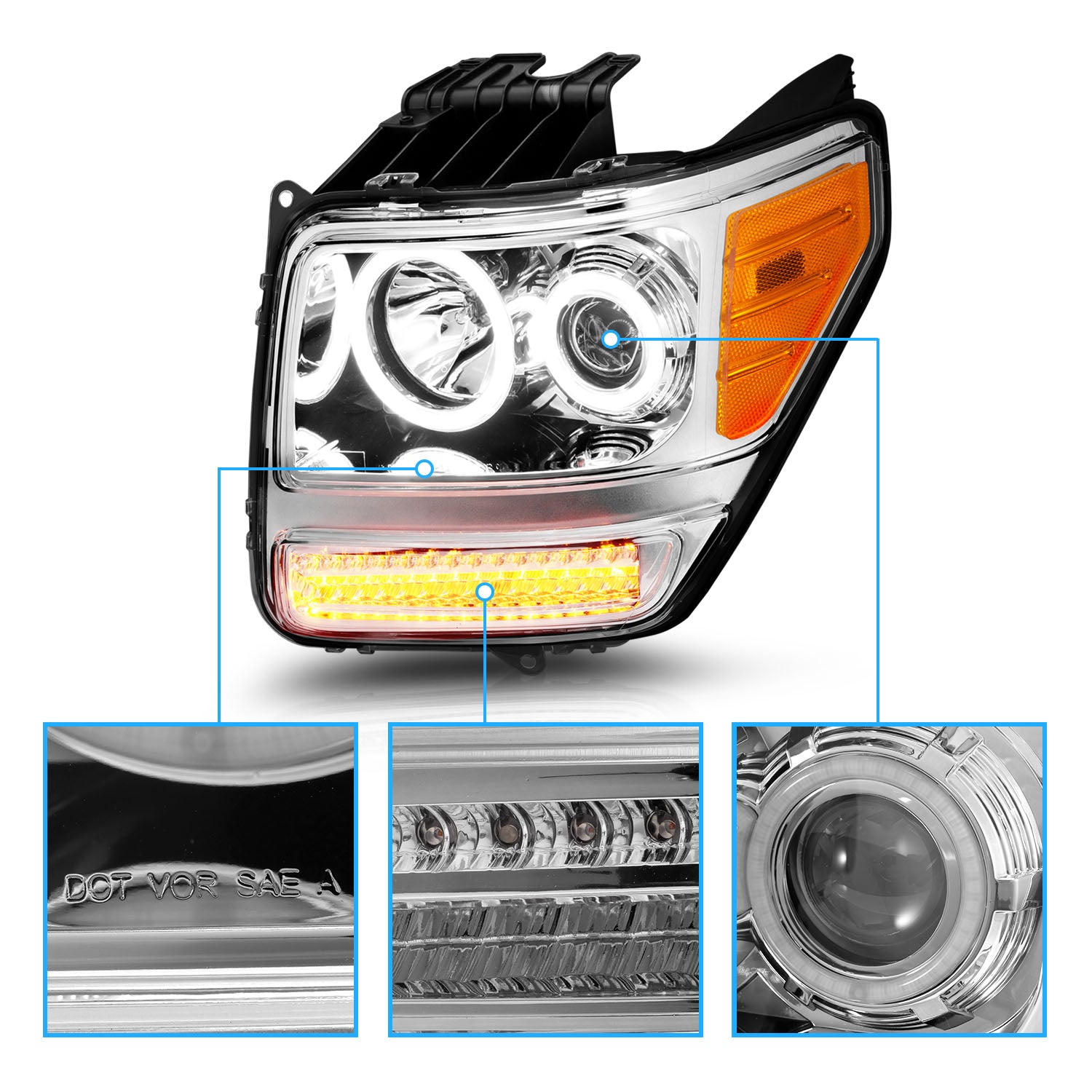 DODGE NITRO 07-08 PROJECTOR HEADLIGHTS G2 HALO CHROME CLEAR AMBER W/ LED (RX HALO)
