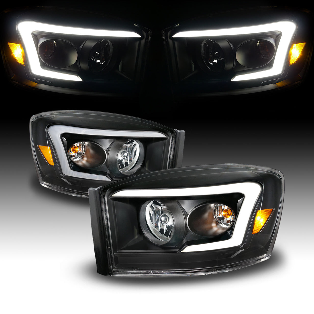 DODGE RAM 1500 06-08/ 2500/3500 06-09 BLACK HEADLIGHTS AMBER (W/ C LIGHT BAR)