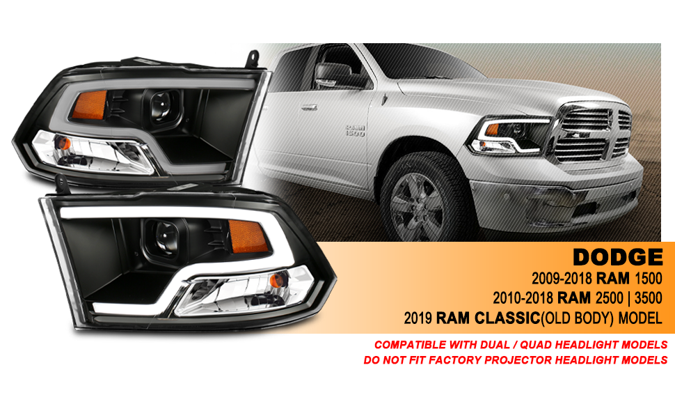 DODGE RAM 09-20 PROJECTOR LIGHT BAR STYLE HEADLIGHTS BLACK CLEAR AMBER (HALOGEN TYPE)