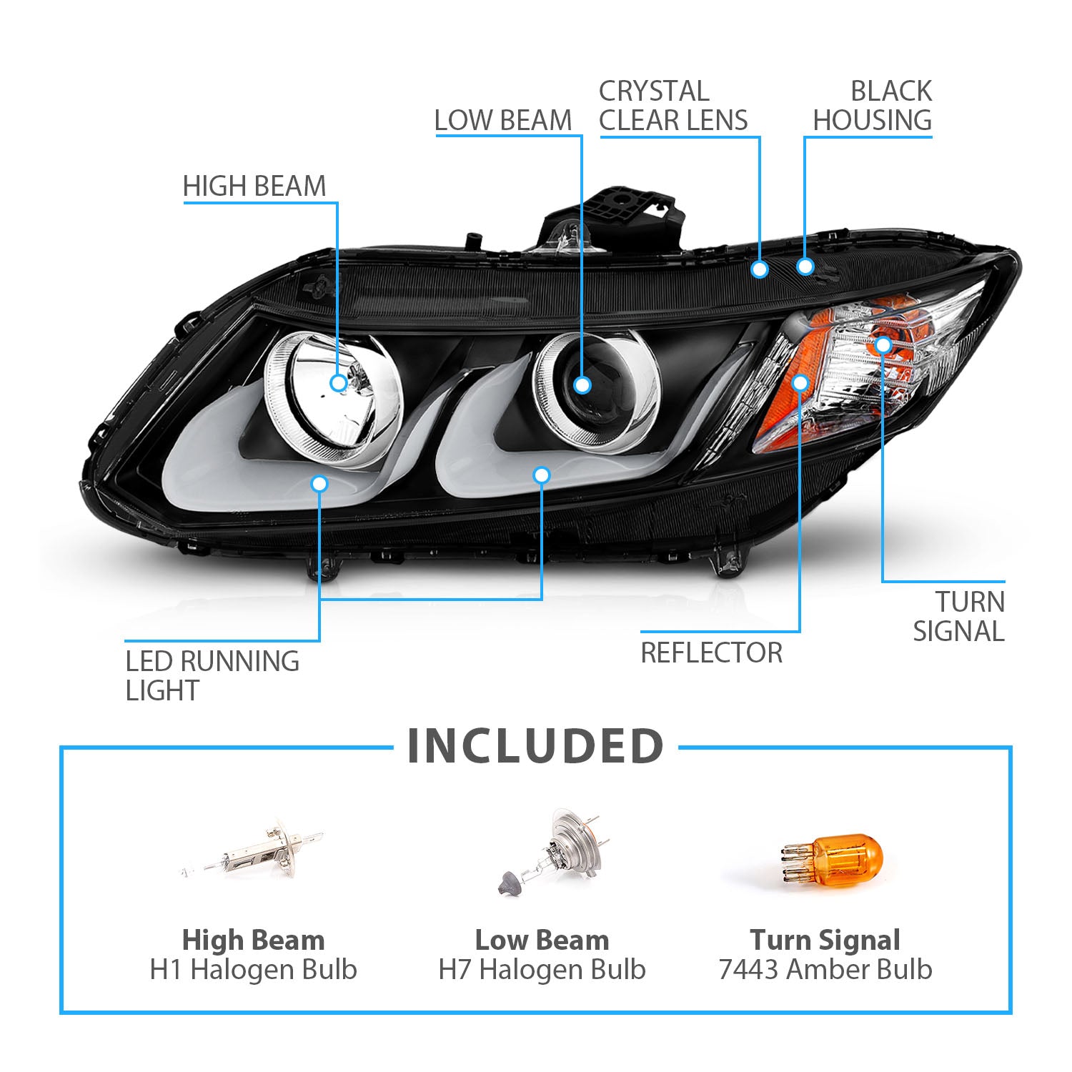HONDA CIVIC 12-13 2/4DR PROJECTOR U-BAR STYLE HEADLIGHTS BLACK CLEAR AMBER