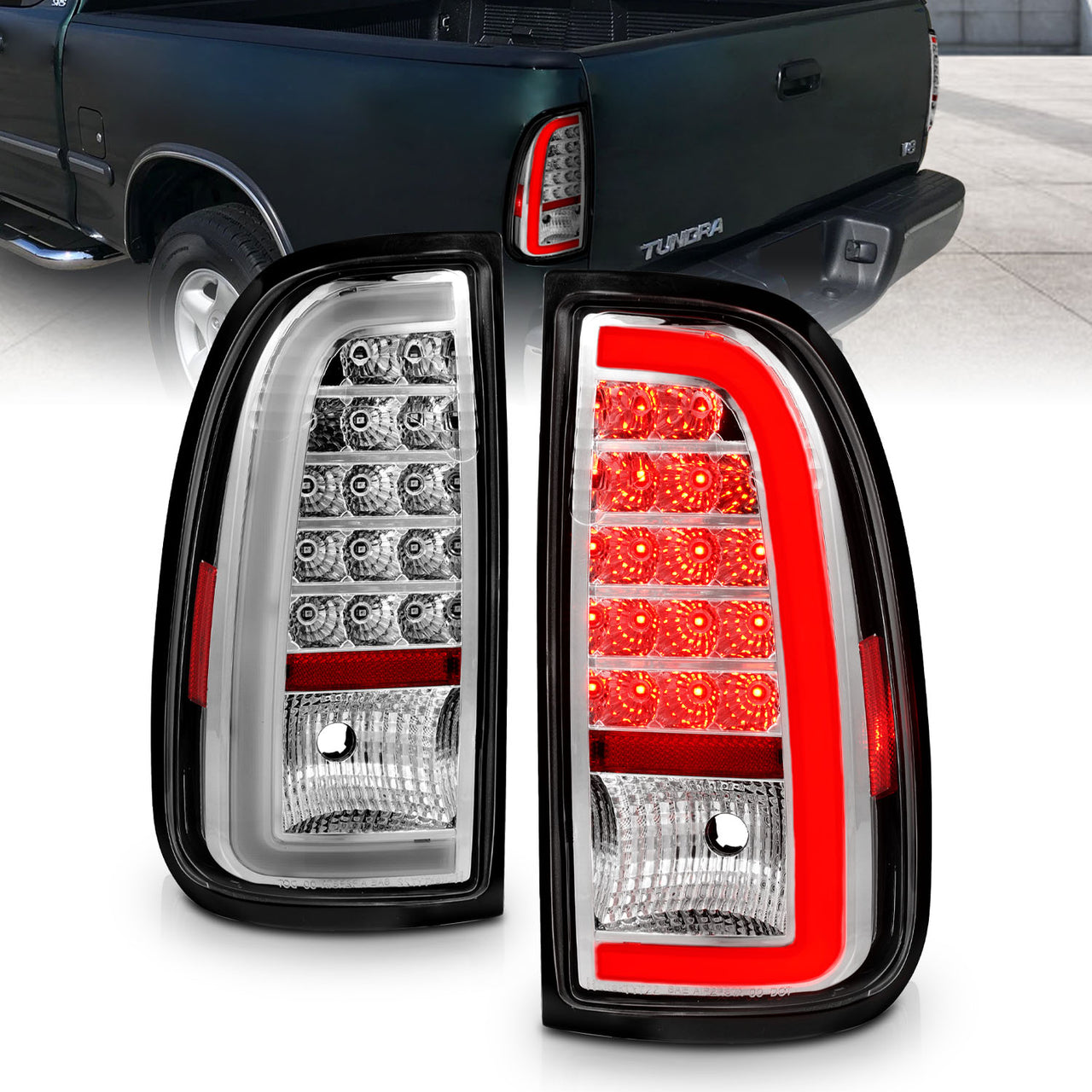 TOYOTA TUNDRA 00-06 LED TAIL LIGHTS CHROME HOUSING CLEAR LENS W/ C LIGHT BAR (STD BED REGULAR CAB, ACCESS CAB)