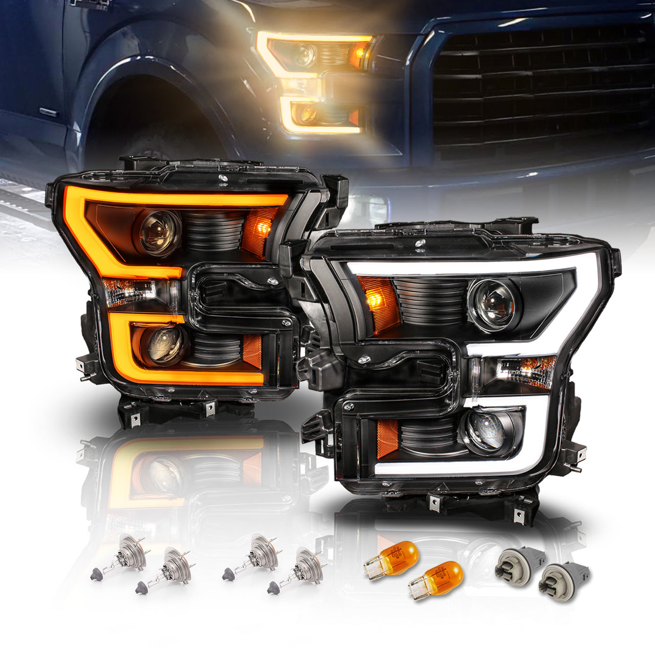 FORD F-150 15-17 PROJECTOR LIGHT BAR STYLE SWITCHBACK HEADLIGHTS BLACK AMBER