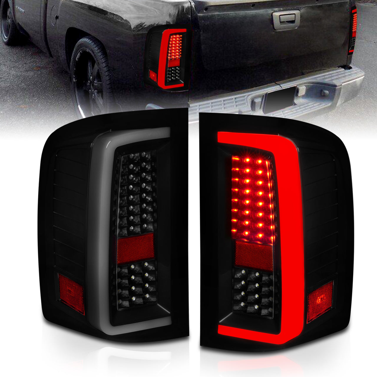 CHEVY SILVERADO 1500/2500/3500 07-10/HYBRID 09/GMC SIERRA 07-09 LED TAIL LIGHTS G5  BLACK HOUSING SMOKE LENS (W/ WHITE LIGHT BAR)