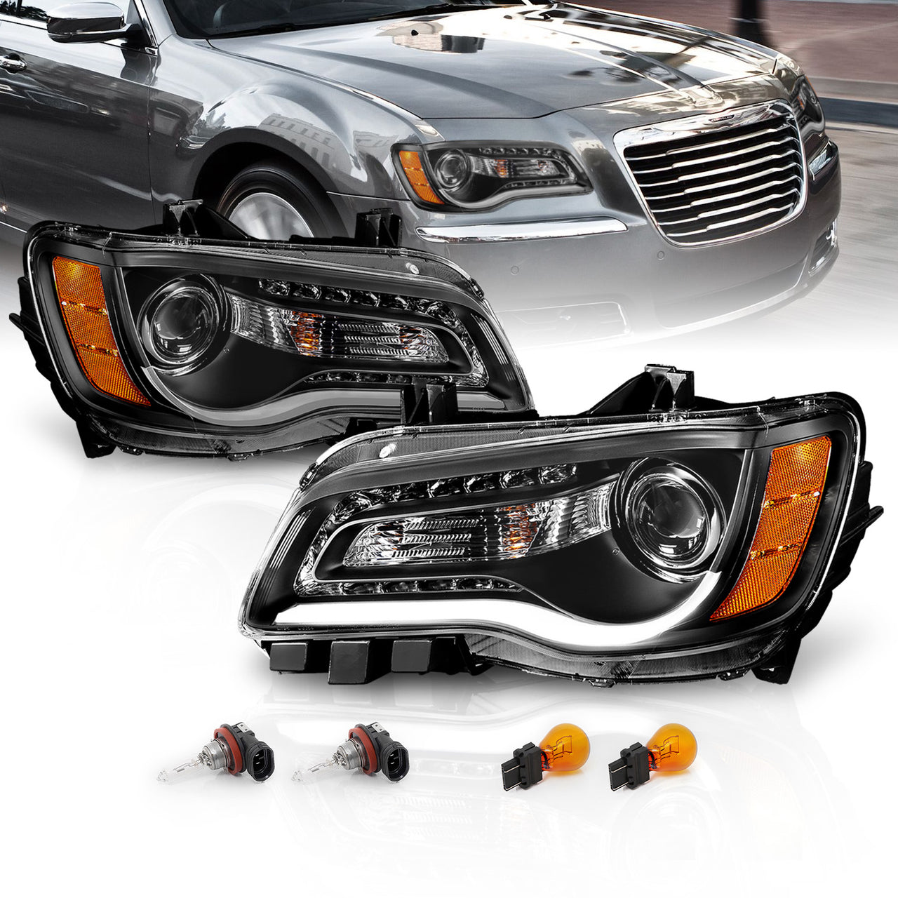 CHRYSLER 300 11-UP PROJECTOR LIGHT BAR STYLE HEADLIGHTS BLACK CLEAR AMBER