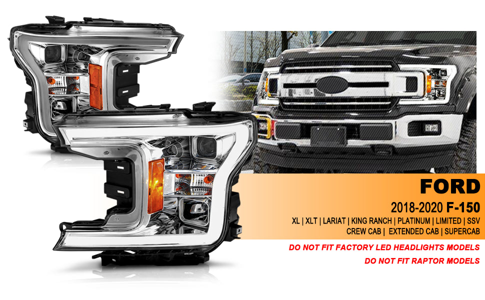 FORD F-150 18-20 PROJECTOR LIGHT BAR STYLE HEADLIGHTS CHROME AMBER