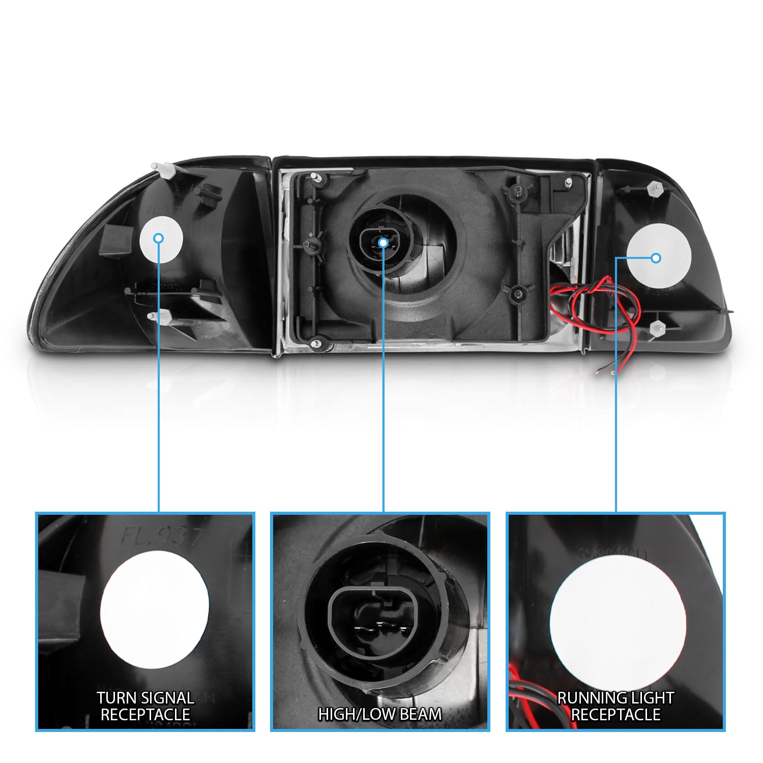 FORD MUSTANG 87-93 CRYSTAL HEADLIGHTS BLACK SET W/ CORNER & PARKING