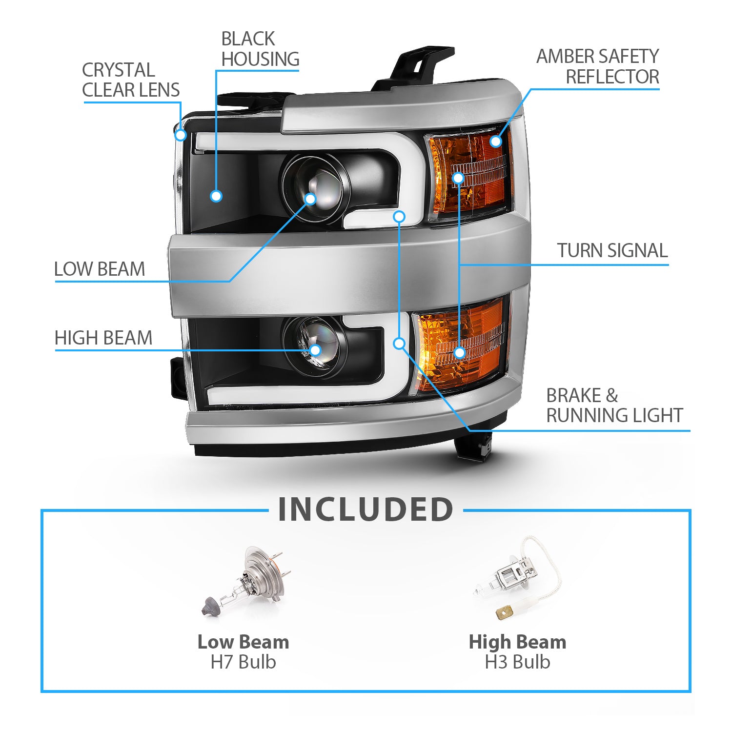CHEVY SILVERADO 2500HD/3500HD 15-17 PROJECTOR LIGHT BAR STYLE SWITCHBACK HEADLIGHTS BLACK AMBER (CHROME RIM)