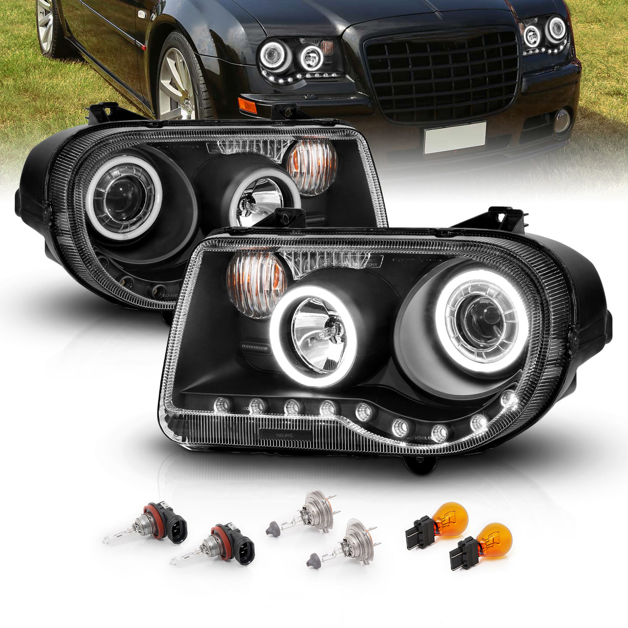 CHRYSLER 300C 05-UP PROJECTOR HEADLIGHTS G2 HALO LED BLACK (RX HALO) (W/O HID KITS) (OEM HID COMPATIBLE)
