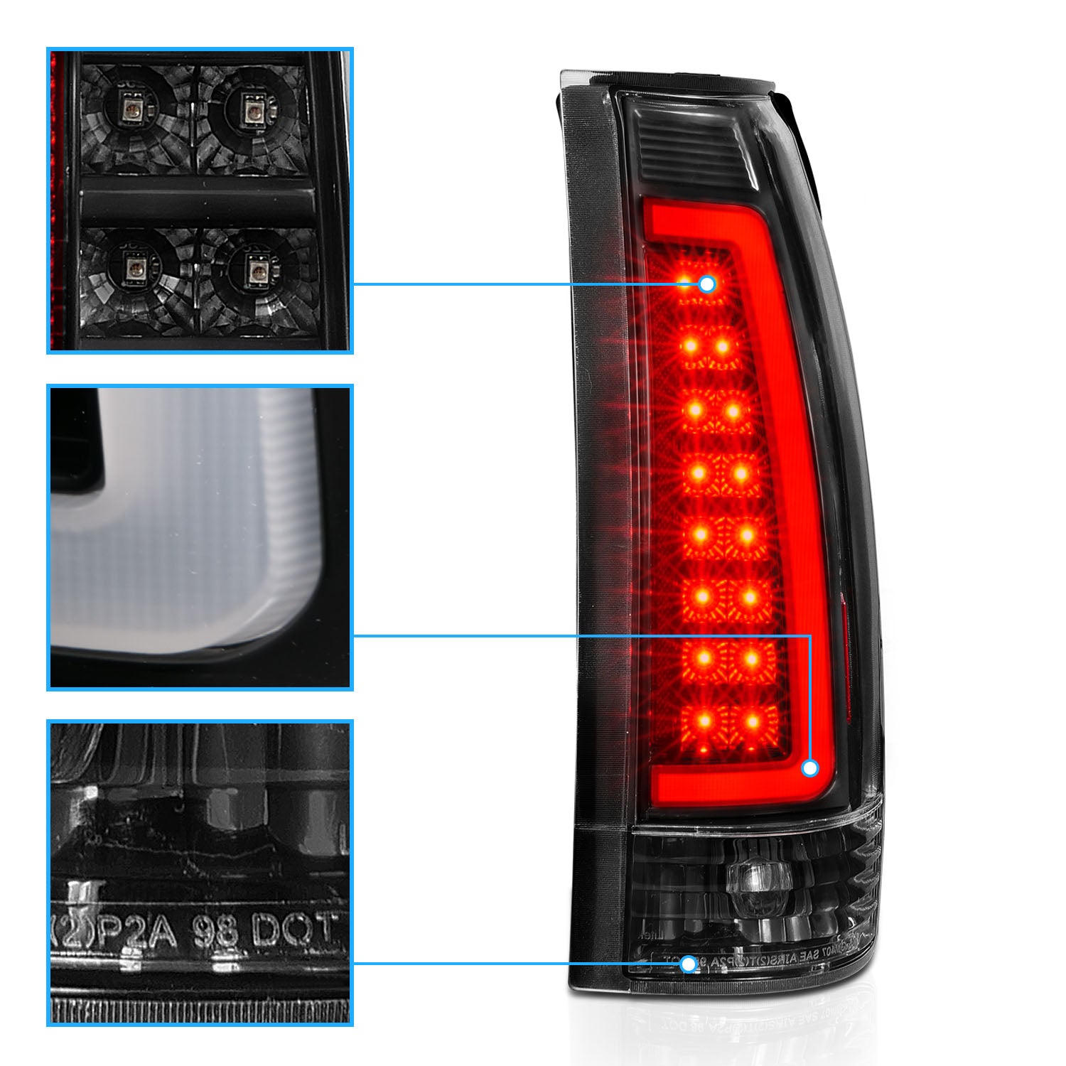 Chevy/GMC C/K 1500/2500/3500 88-99, SUBURBAN/YUKON 92-00, TAHOE 94-00, BLAZER 92-94, CADILLAC ESCALADE 99-00 LED C-BAR TAIL LIGHTS BLACK HOUSING CLEAR LENS