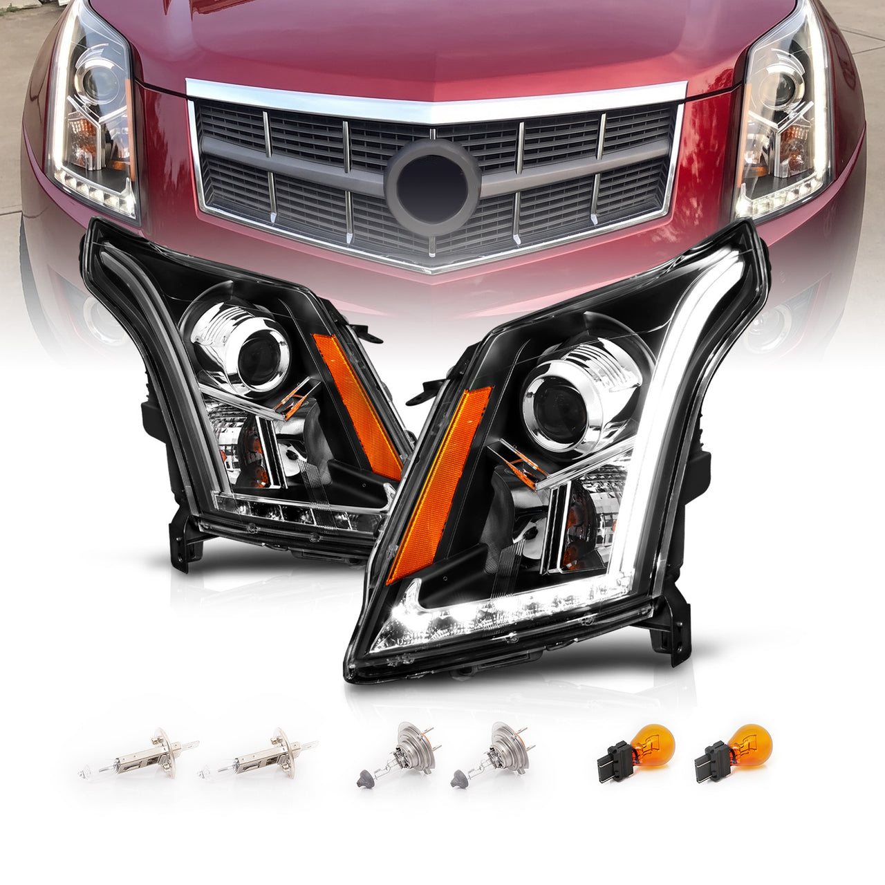 CADILLAC SRX 10-12 PROJECTOR LIGHT BAR STYLE HEADLIGHTS BLACK CLEAR AMBER