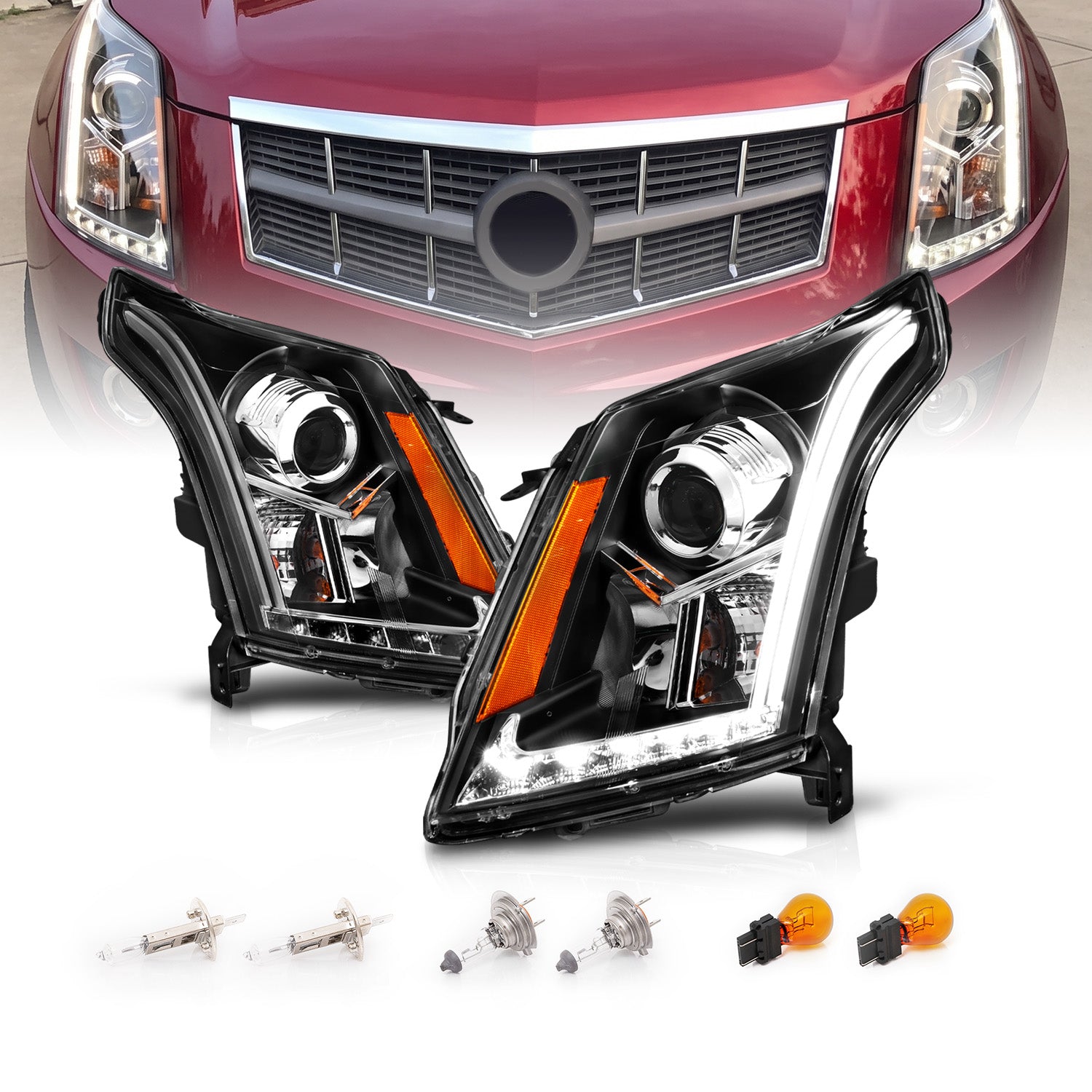 CADILLAC SRX 10-12 PROJECTOR LIGHT BAR STYLE HEADLIGHTS BLACK CLEAR AMBER