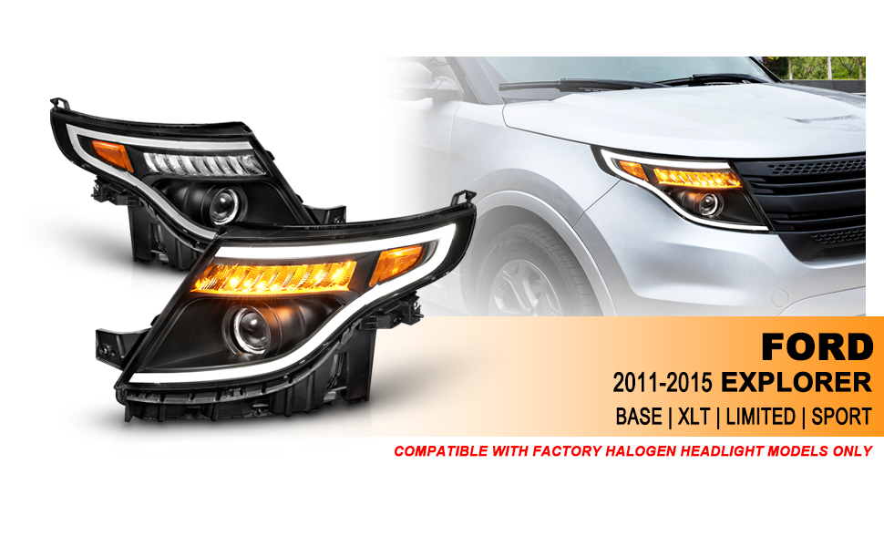 FORD EXPLORER 11-15 (13-15 BASE, XLT, LIMITED) PROJECTOR LIGHT BAR STYLE HEADLIGHTS BLACK AMBER