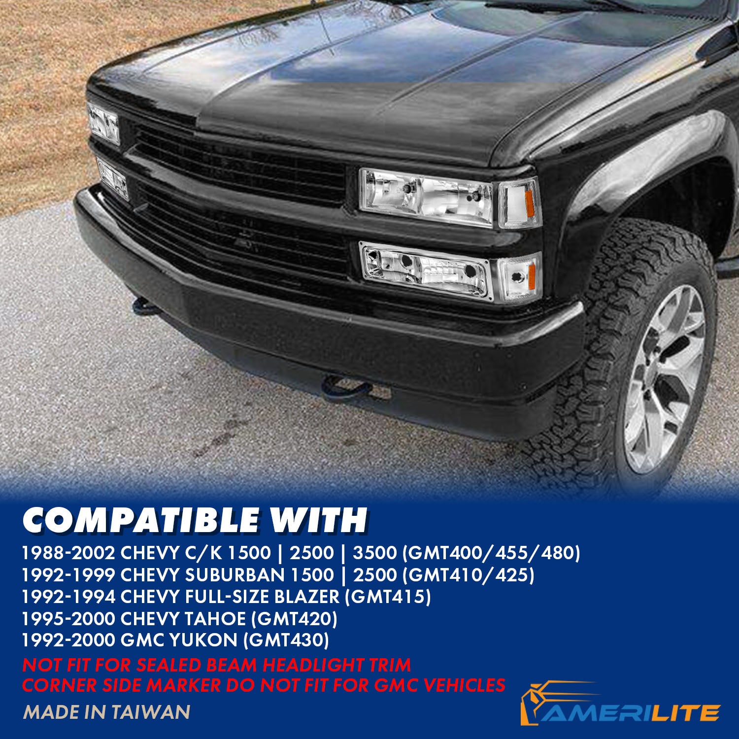 CHEVY CK / C10 /SILVERADO/ TAHOE / SUBURBAN/BLAZER 94-98 CRYSTAL HEADLIGHTS CHROME W/ SIGNAL & SIDE MARKERS AMBER (8PCS)
