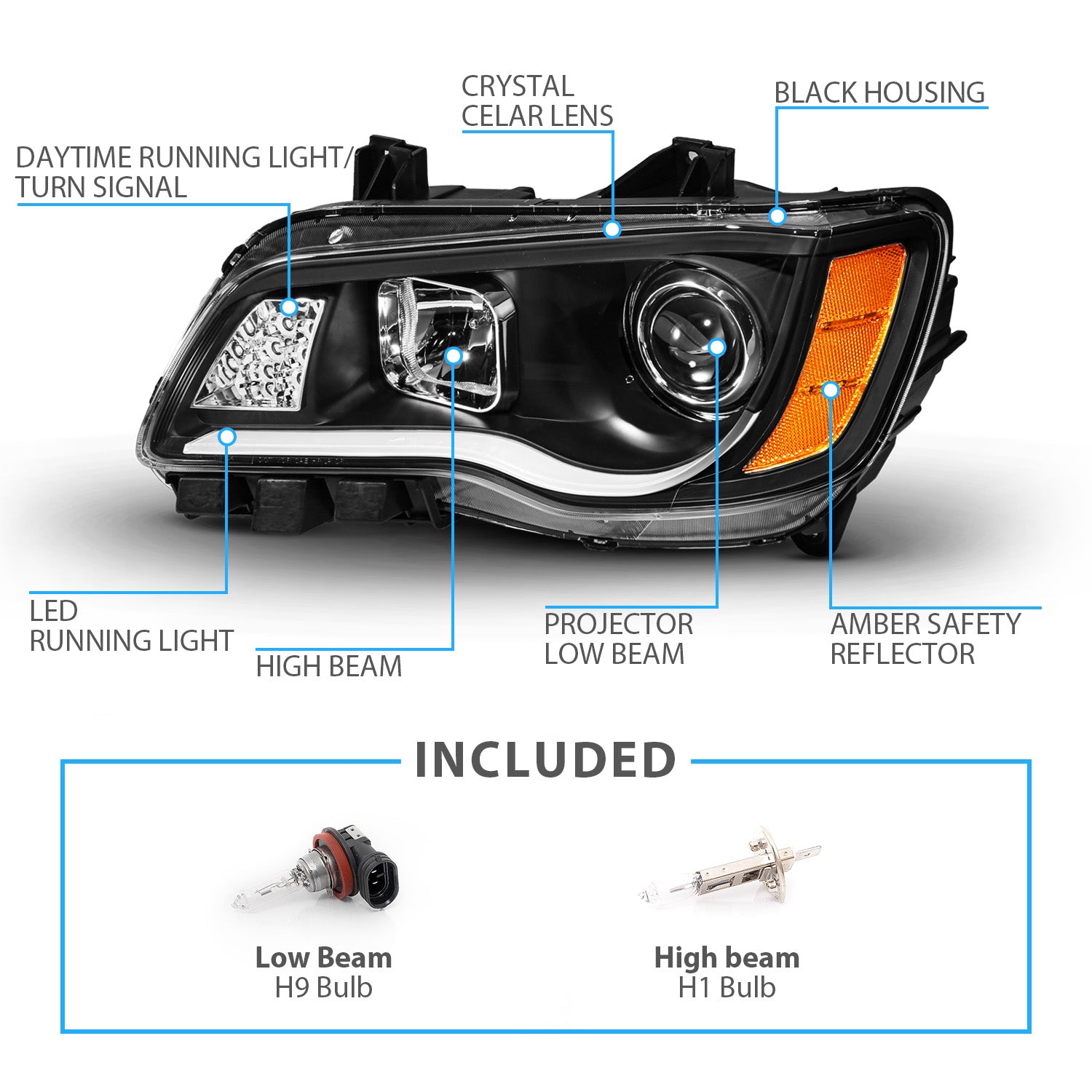 CHRYSLER 300 11-UP PROJECTOR LIGHT BAR STYLE HEADLIGHTS BLACK CLEAR G2 AMBER