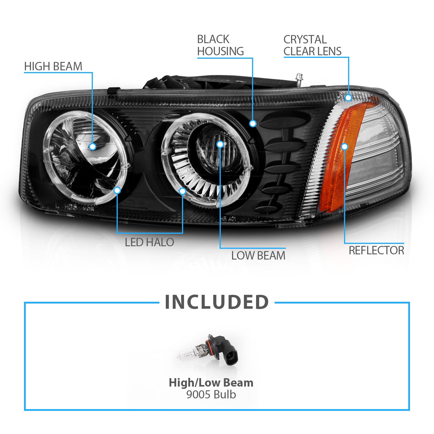 GMC SIERRA/SIERRA DENALI 99-07/SIERRA CLASSIC 2007/ YUKON/YUKON XL/YUKON DENALI 00-06 PROJECTOR HEADLIGHTS HALO BLACK CLEAR AMBER