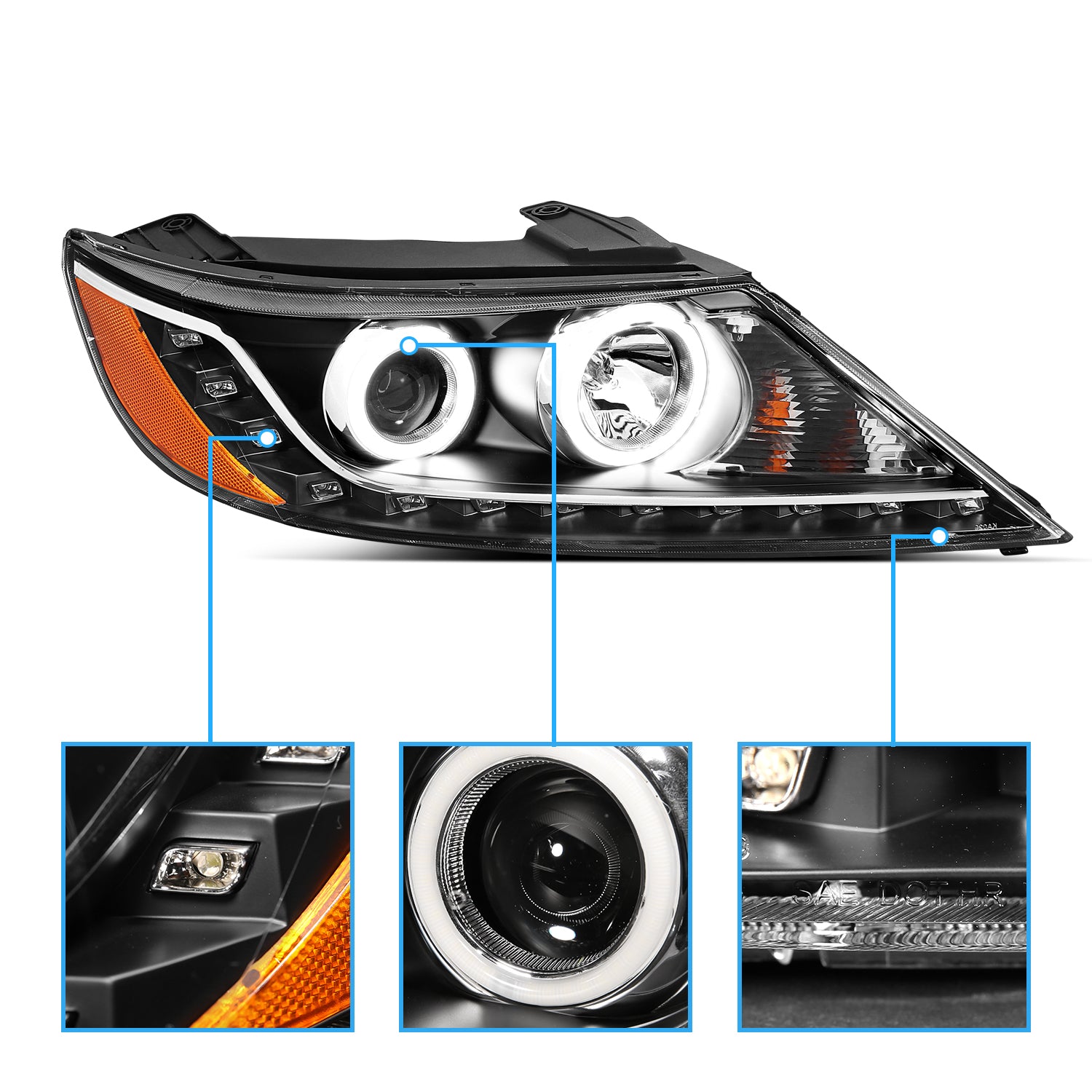 KIA SORENTO 2011 PROJECTOR HEADLIGHTS HALO BLACK CLEAR AMBER (RX HALO)