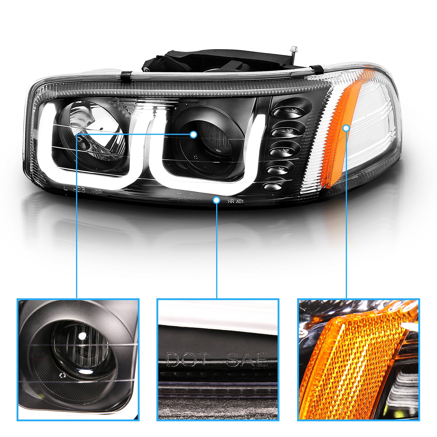 GMC SIERRA C3 99-02/SIERRA DENALI 99-07/YUKON/YUKON XL/YUKON DENALI 00-06 PROJECTOR HEADLIGHTS U-BAR CHROME BLACK AMBER