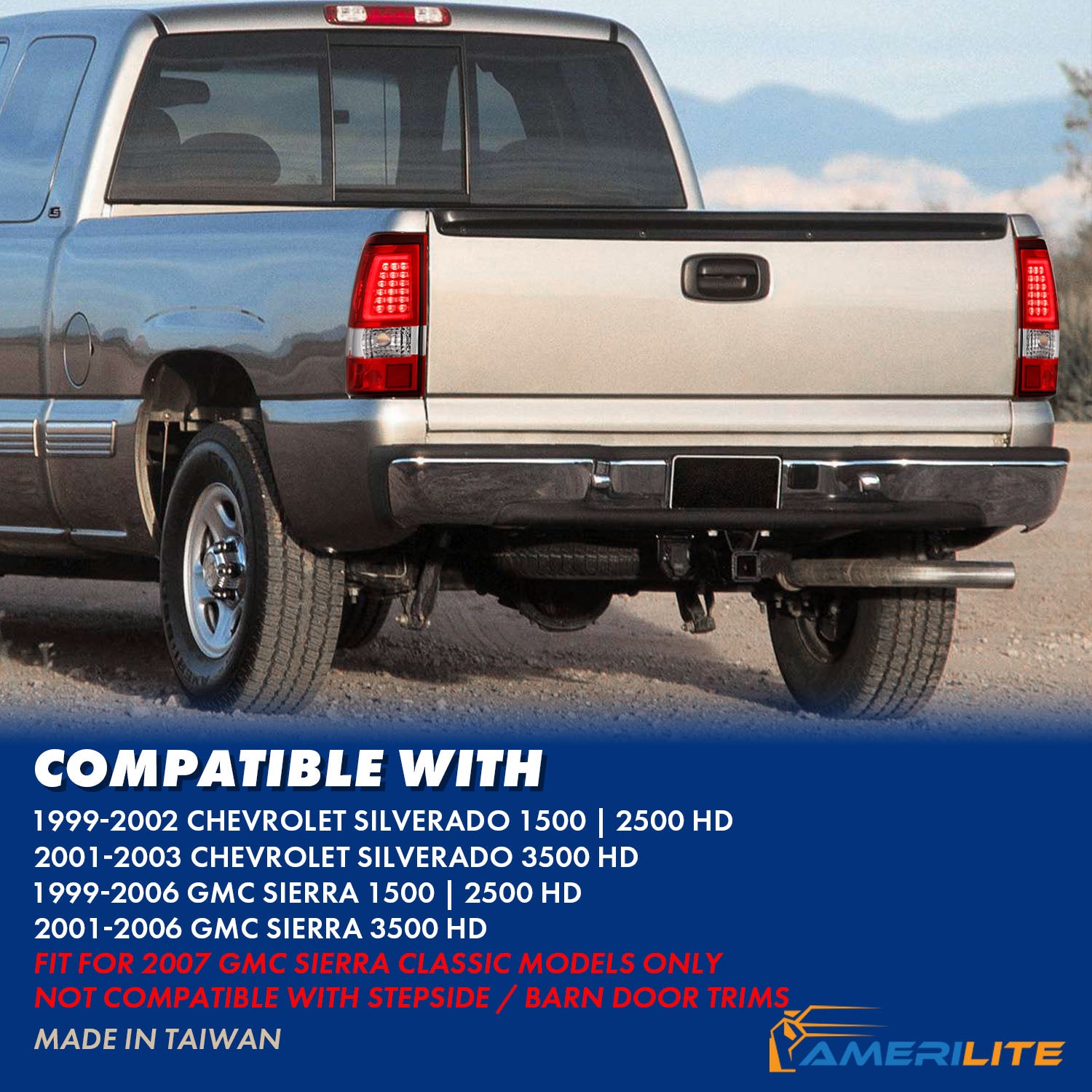 GMC SIERRA 99-07/CHEVY SILVERADO 99-03 (1500/2500 SERIES 99-02 & 3500 SERIES 2003) LED TAIL LIGHTS RED/CLEAR W/ C LIGHT BAR (3 HOLE)