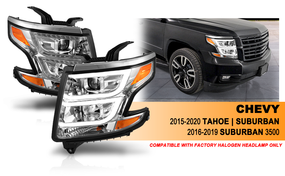 CHEVY TAHOE/SUBURBAN 15-19 PROJECTOR LIGHT BAR STYLE HEADLIGHTS CHROME AMBER (W/ DRL)