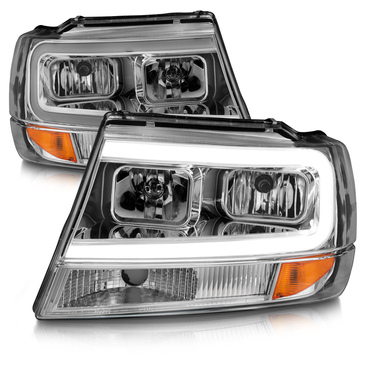 JEEP GRAND CHEROKEE 99-04 HEADLIGHTS CHROME AMBER (W/ C LIGHT BAR)