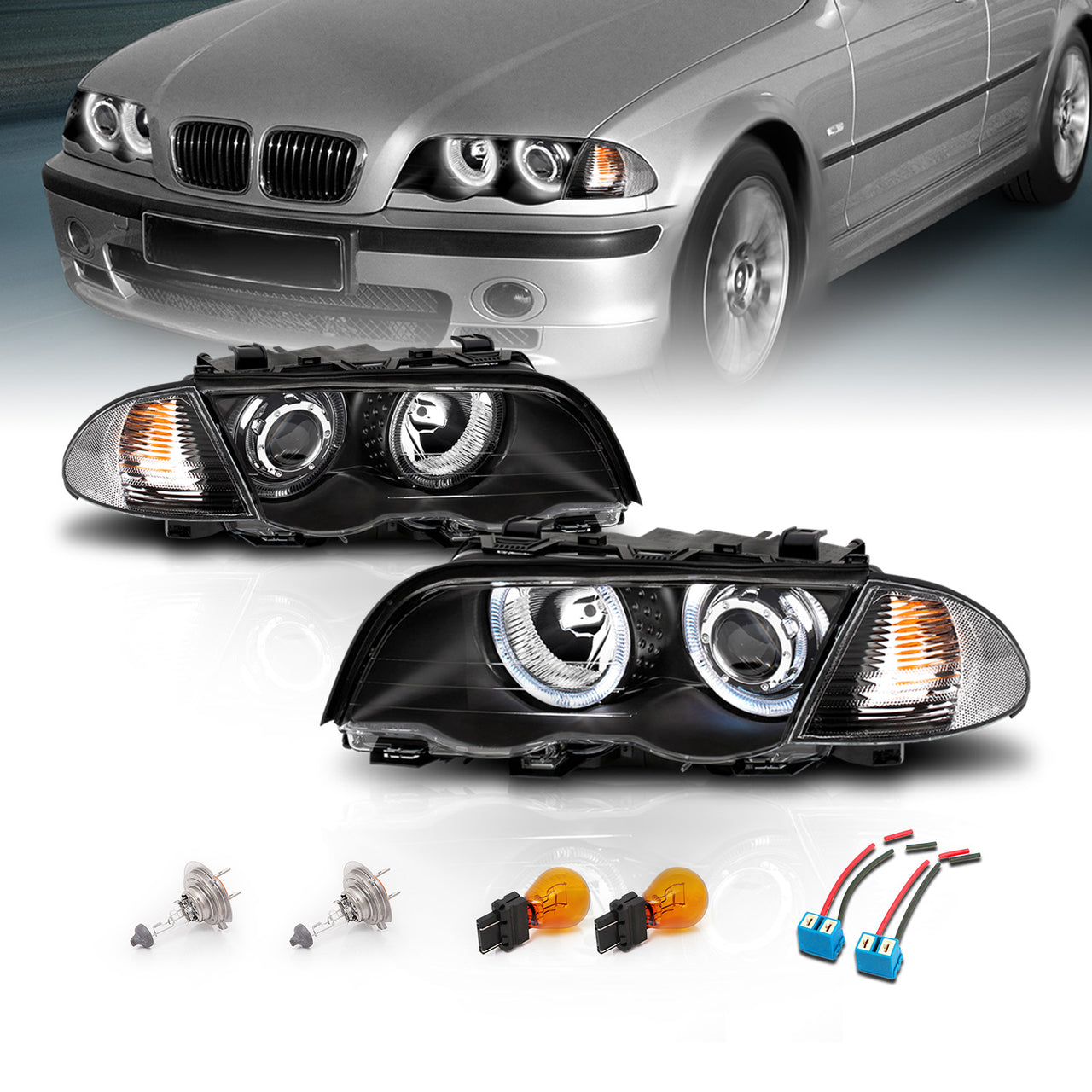 BMW 3 SERIES E46 98-01 4DR PROJECTOR HEADLIGHTS W/ CORNER LIGHTS HALO BLACK AMBER