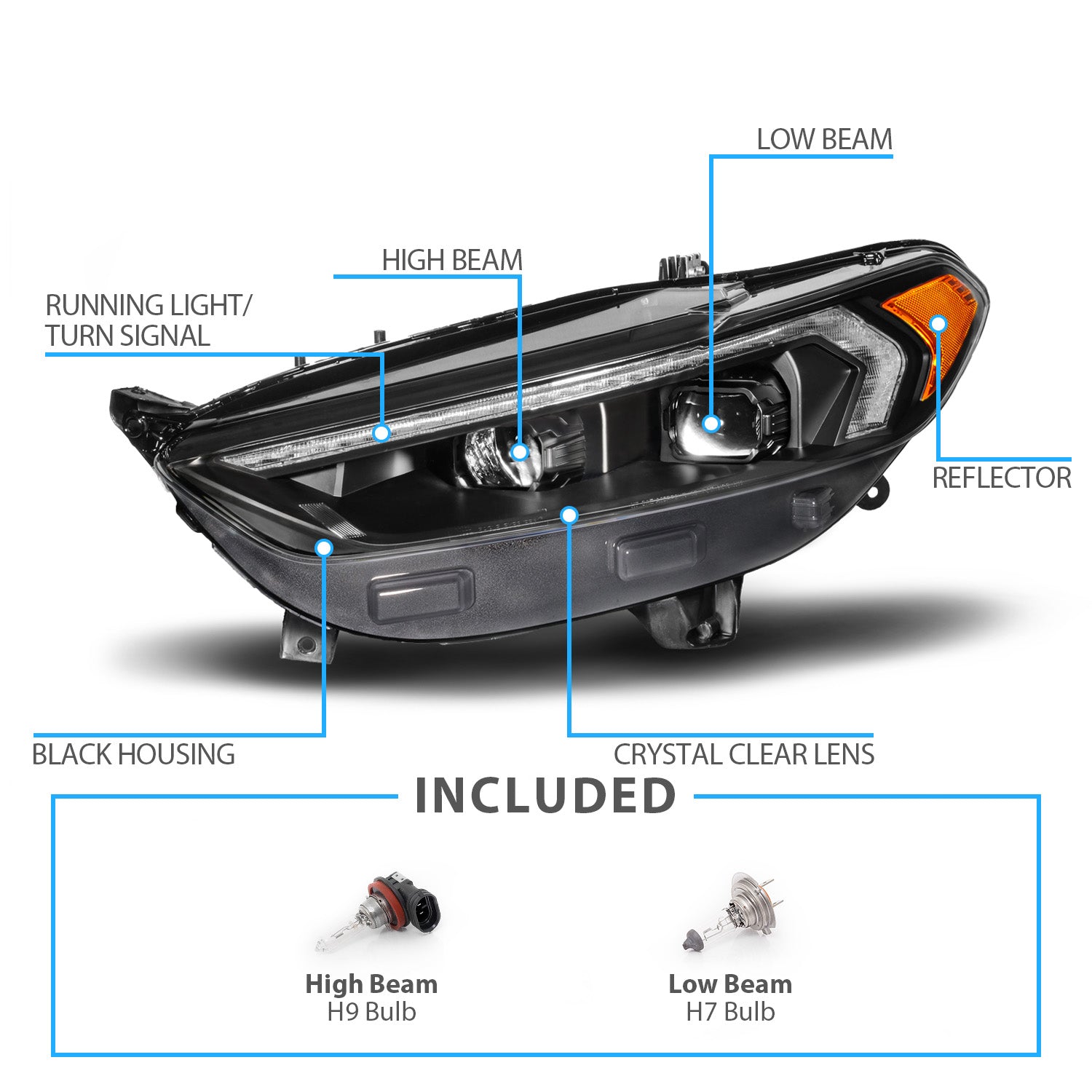 FORD FUSION 13-16 PROJECTOR SWITCHBACK HEADLIGHTS BLACK HOUSING CLEAR LENS