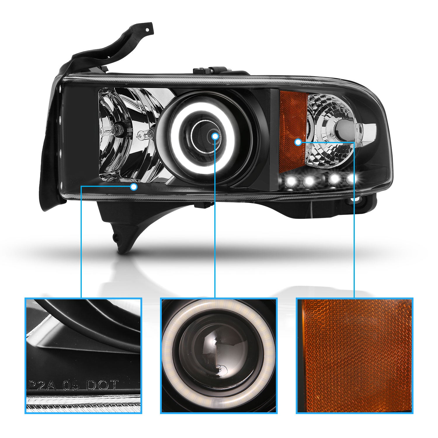 DODGE RAM 94-01 PROJECTOR HEADLIGHTS HALO BLACK CLEAR AMBER (RX HALO)