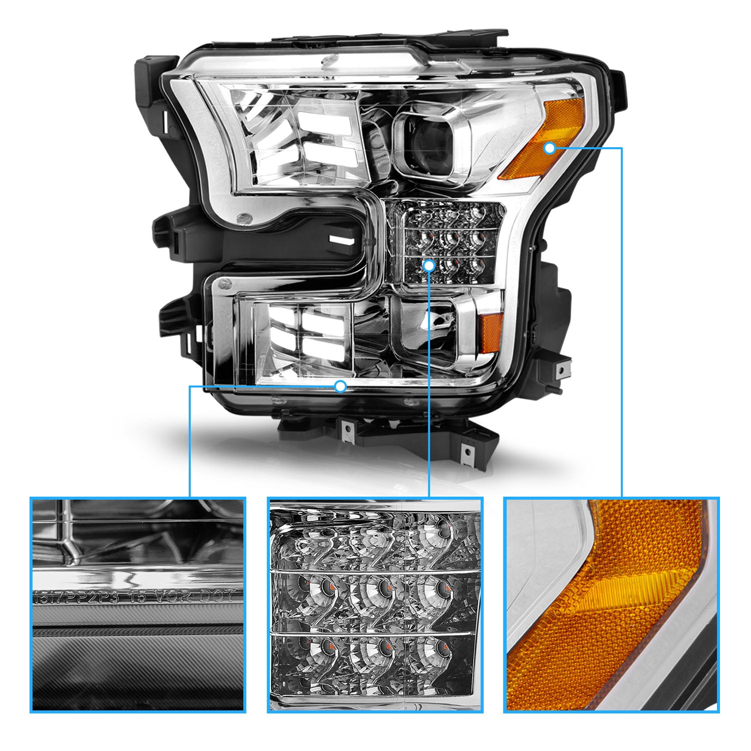 FORD F-150 15-17 PROJECTOR LIGHT BAR STYLE HEADLIGHTS CHROME HOUSING AMBER (SEQUENTIAL SIGNAL)