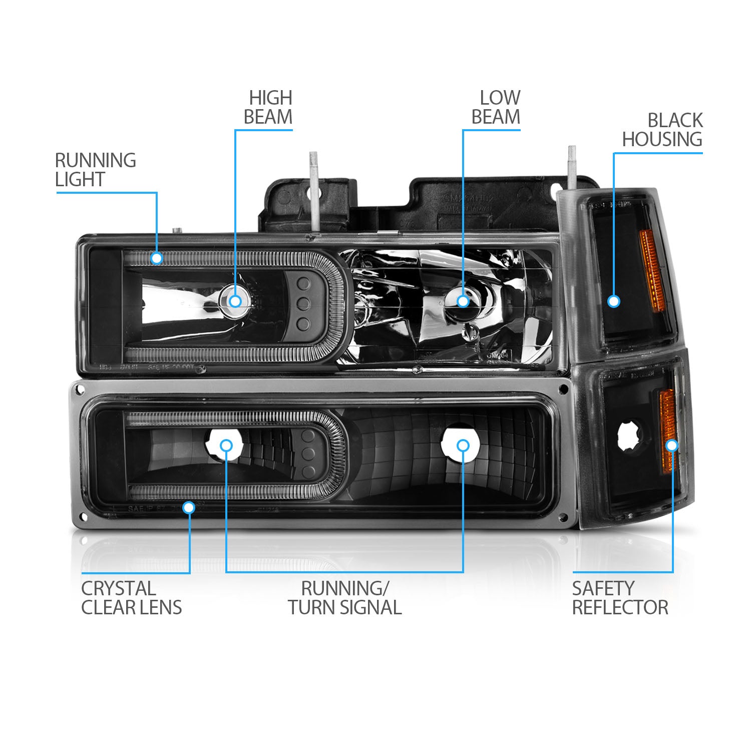 CHEVY CK / C10 /SILVERADO/ TAHOE / SUBURBAN/BLAZER 94-98 HEADLIGHTS  W/ SIGNAL & SIDE MARKERS (8PCS) SET BLACK HOUSING CLEAR LENS W/ C LIGHT BAR