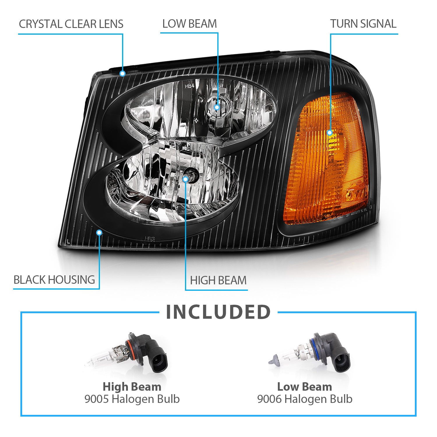 GMC ENVOY 02-09 CRYSTAL HEADLIGHTS BLACK AMBER