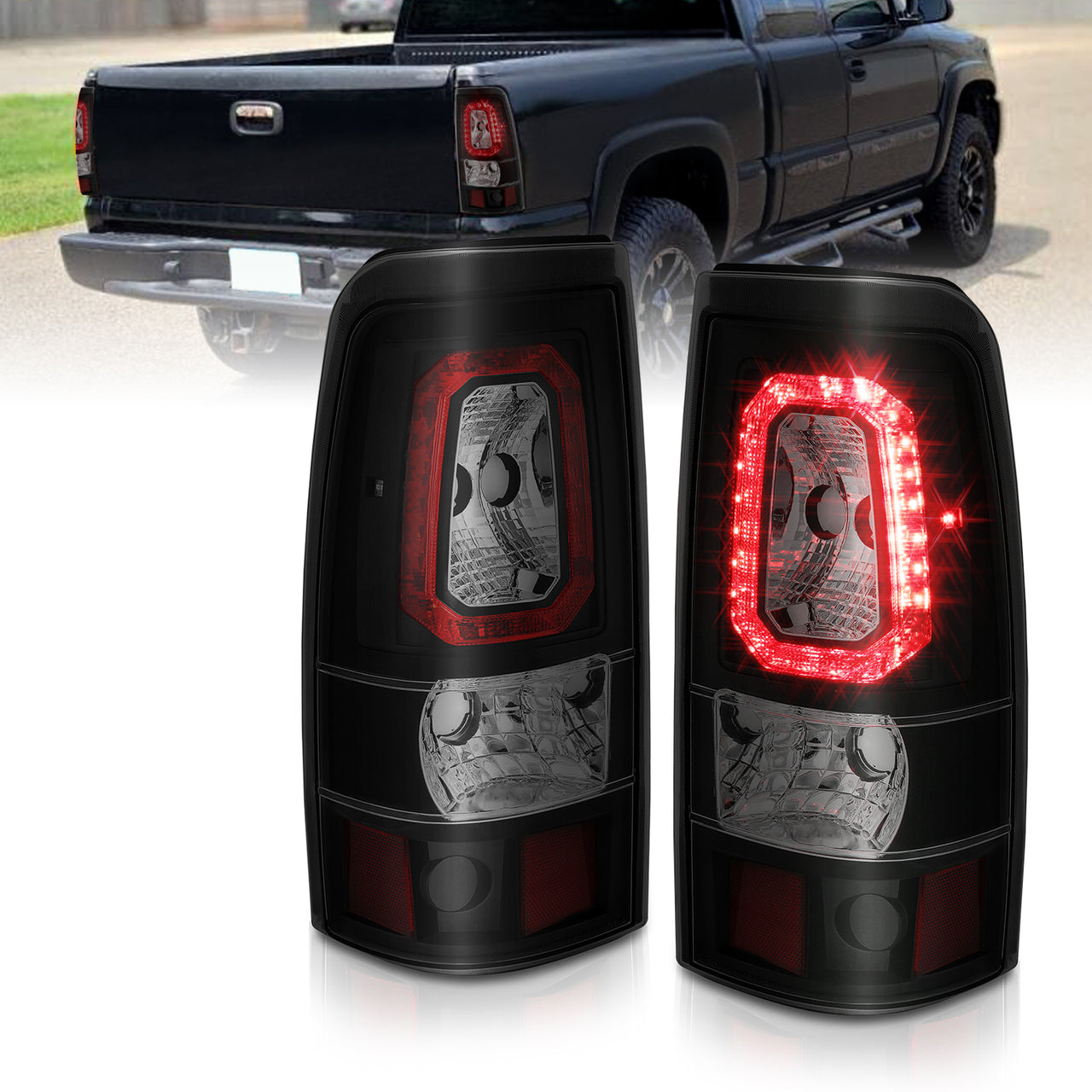 CHEVY SILVERADO 03-07 (1500/2500 SERIES 2003 & 1500/2500/3500 SRW SERIES 04-07) LED TAIL LIGHTS RED COLOR LIGHT BAR BLACK HOUSING SMOKE LENS (3 HOLE)