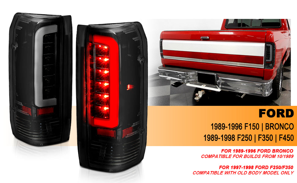 FORD F150 89-97/BRONCO 87-96 TAIL LIGHTS BLACK HOUSING SMOKE LENS W/C BAR